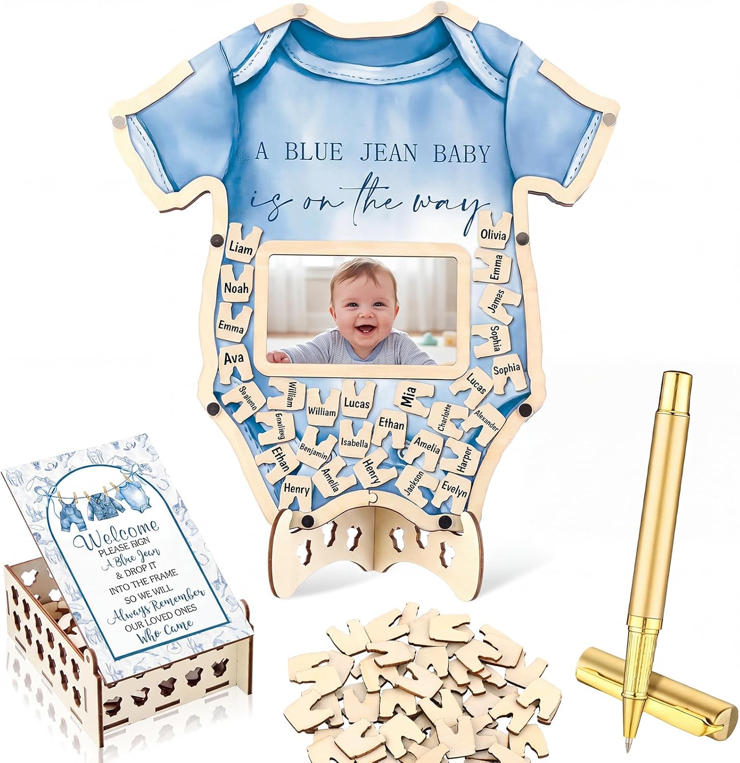 SiliFine 63 Pcs Blue Jean Denim Baby Shower Guest Book Alternatives with Photo Frame Sonogram Keepsake, Pen and 60 Wooden Slices Blue Jean Baby is on The Way Shower Guest Book for Cowboy Party