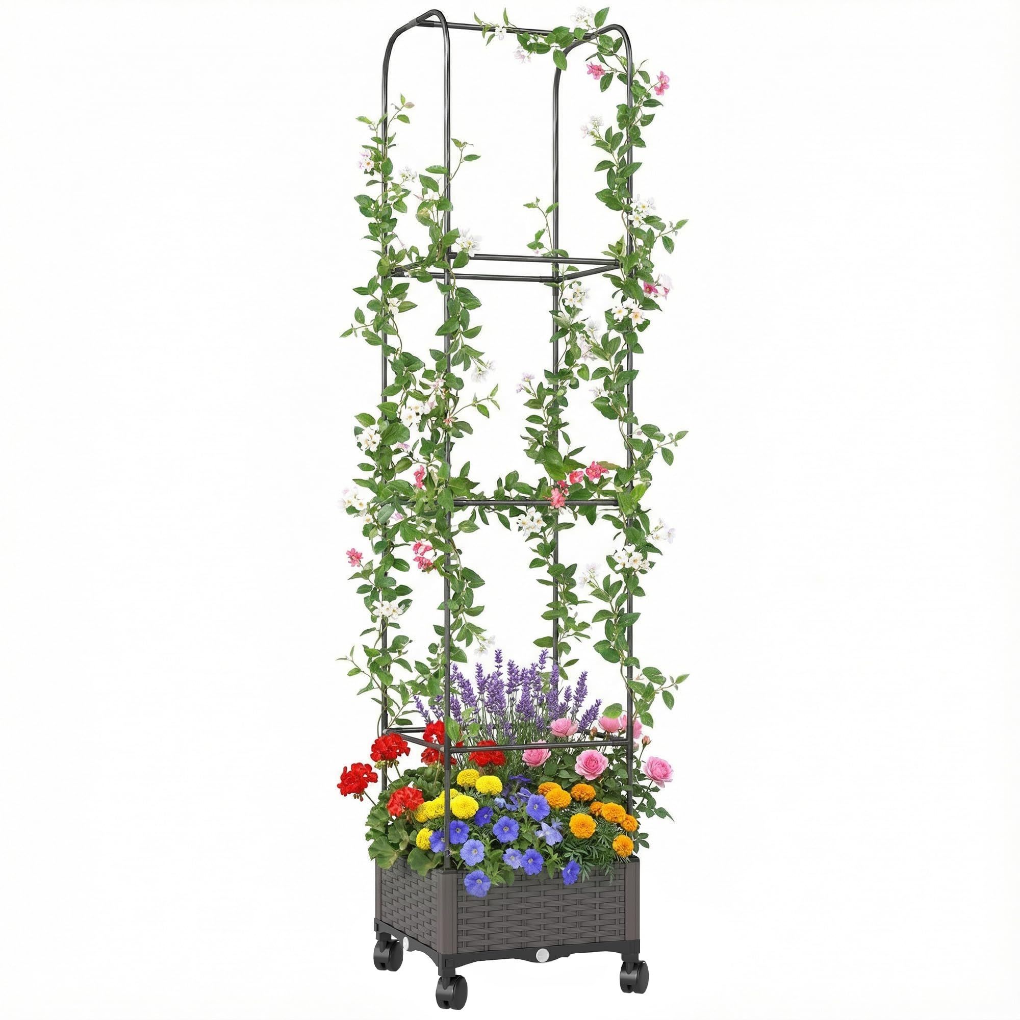 Outsunny Letto da Giardino Rialzato Alto 185 cm Autoirrigante in Metallo con Traliccio, con 4 Ruote Bloccabili per Piante Rampicanti, Fioriera con Fori di Drenaggio per Verdure e Fiori, Nero