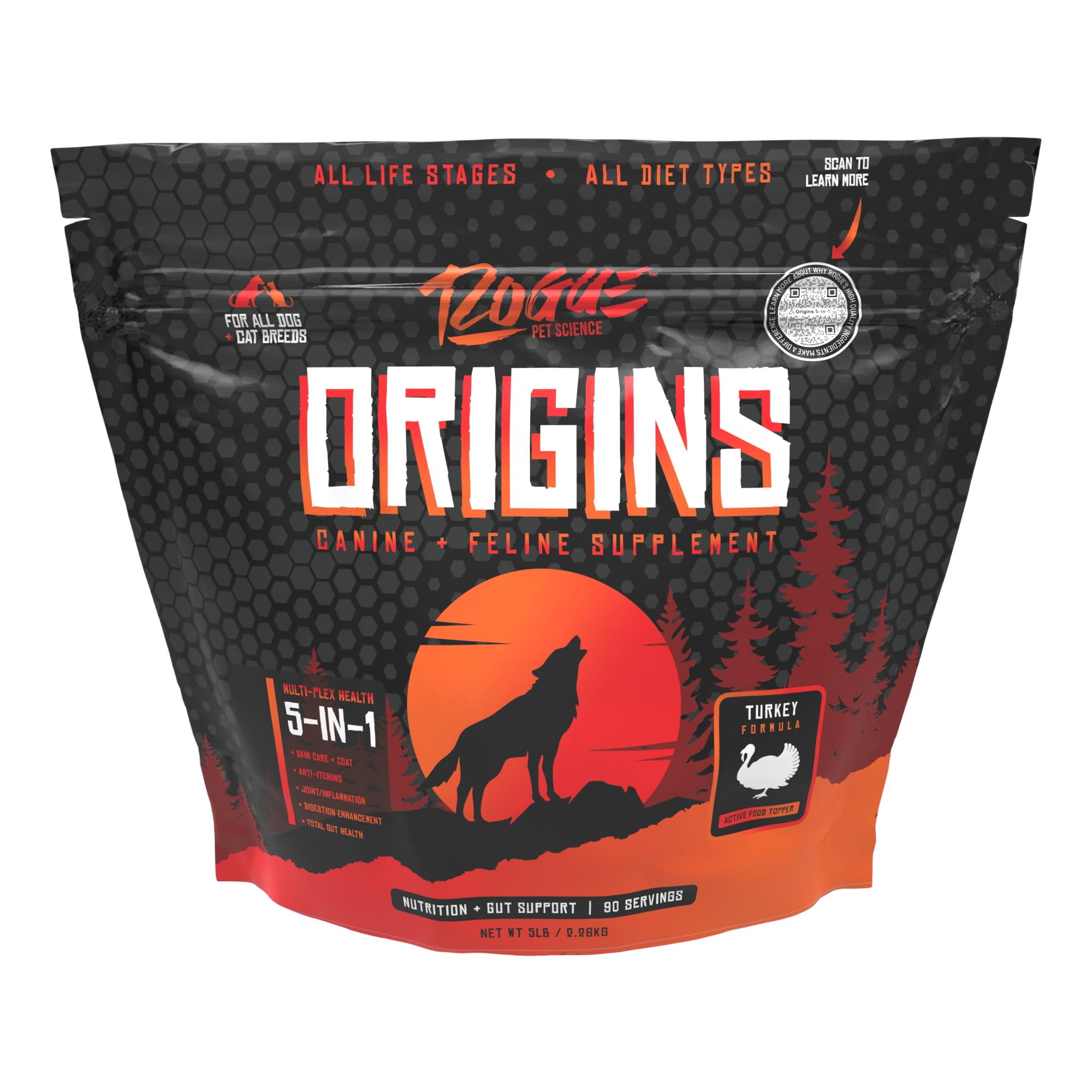 ROGUE PET SCIENCE Origins 5-in-1 Dog Supplement - Powdered Food Topper w/Natural Turkey Protein- Supports Healthy Digestion, Skin, and Coat - Helps Reduce Itching & Joint Inflammation (5LB)