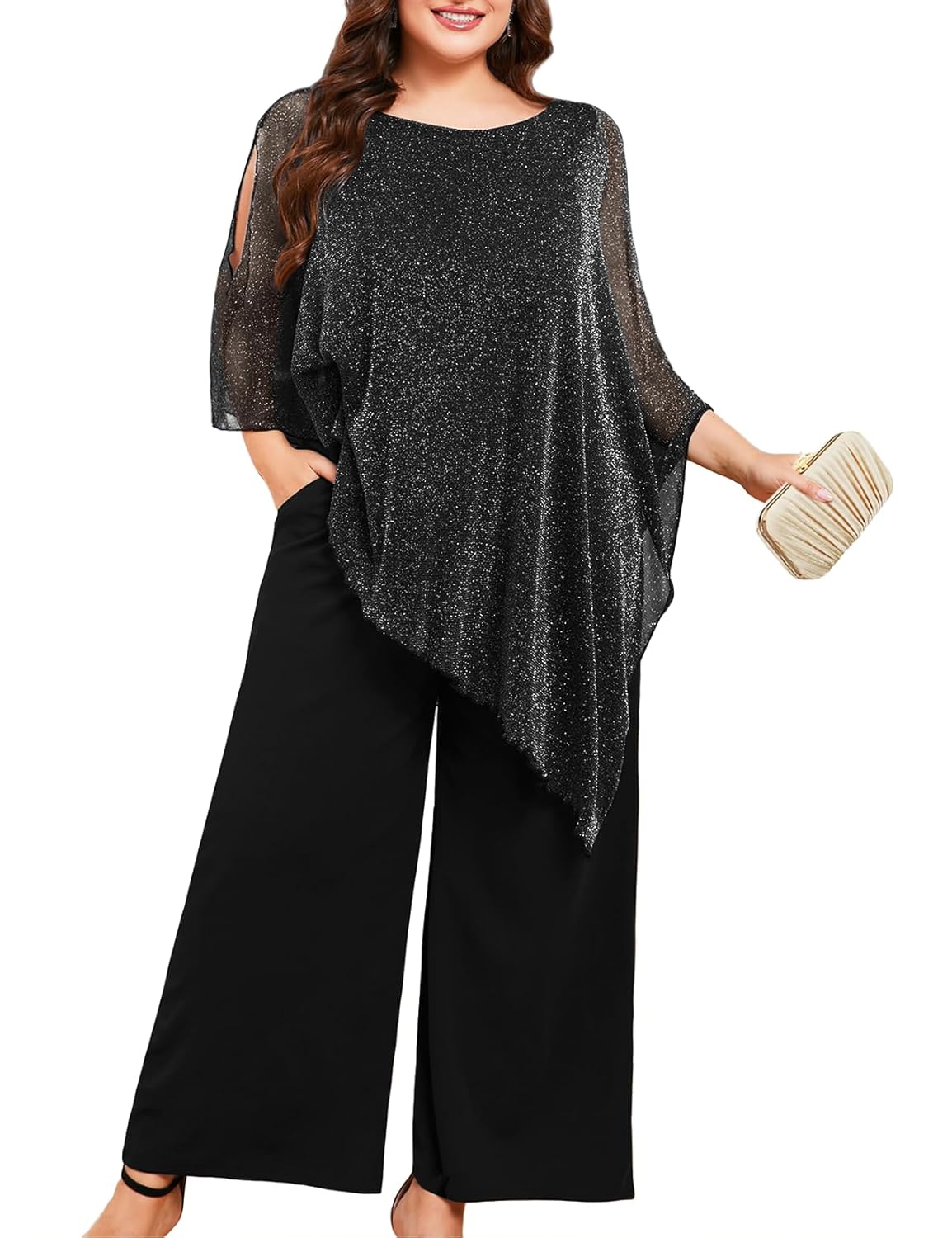 ZOMVA Plus Size Mother of The Bride Pant Suits Dressy 2 Piece Asymmetric Cape Set with Pockets Wedding