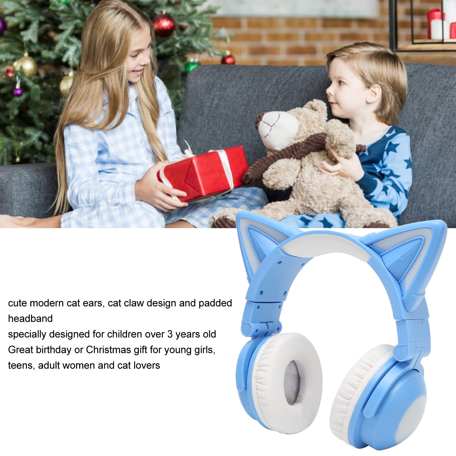 Asixxsix Cuffie Cat Ear, Cuffie da Gioco Stereo Bluetooth con Microfono Integrato e Luce LED RGB, Sovrauricolari per Cellulare Portatile, Archetto Regolabile (BLUE)