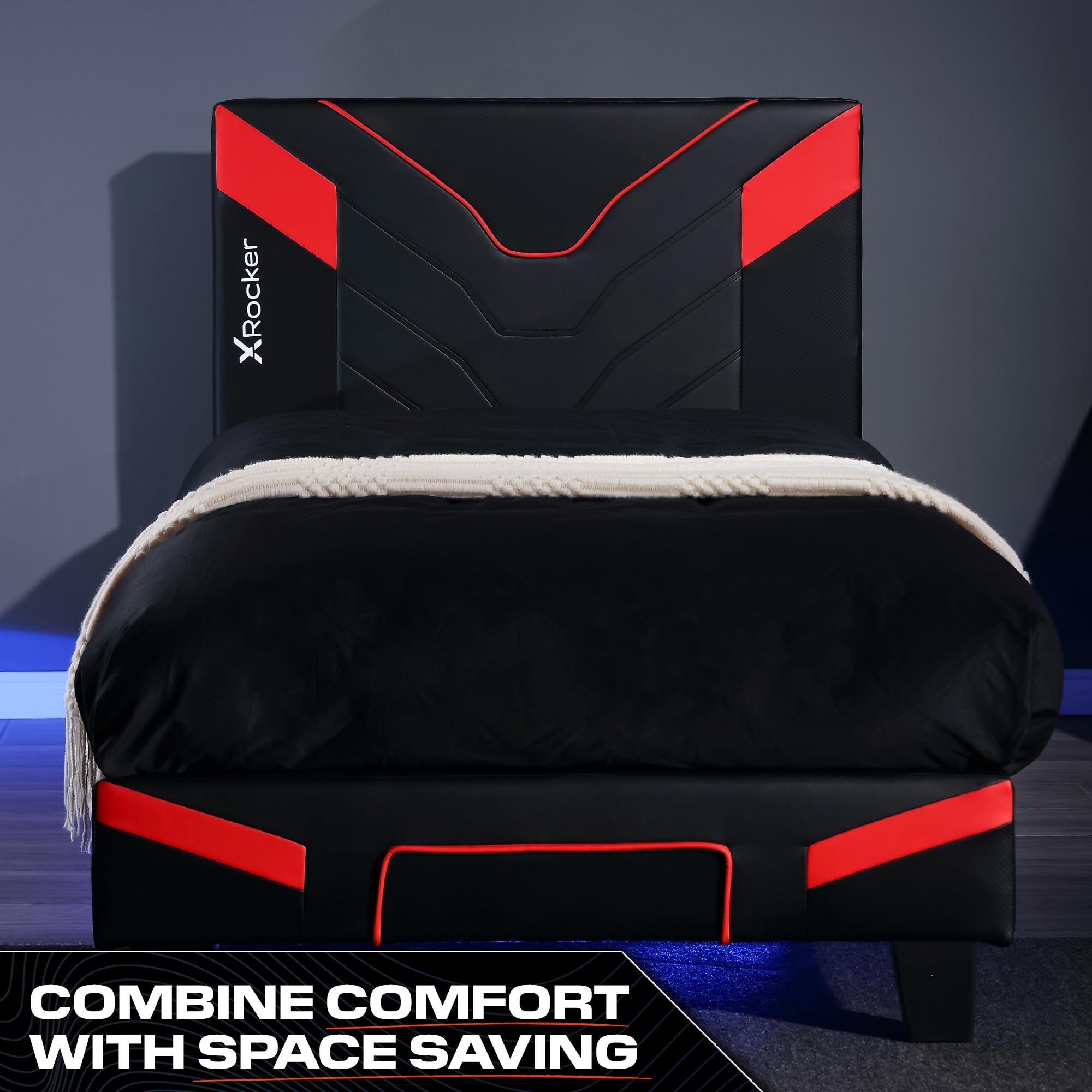 X-Rocker Cerberus MKII - Marco de cama individual tapizado para juegos, paquete plano para un fácil montaje, comodidad transpirable, listones de madera, piel sintética fácil de limpiar, para niños y