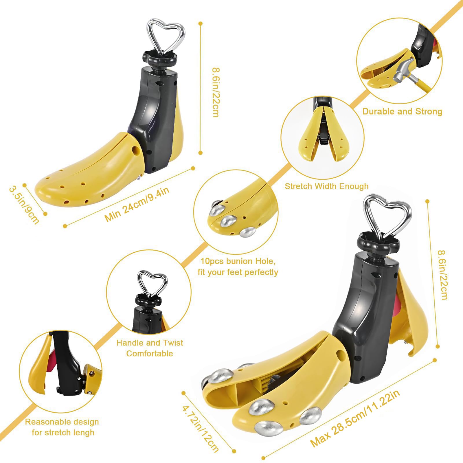 Estirador de zapatos para mujeres y hombres, estirador de botas, ajustable, unisex, pies anchos, M tapón de metal amarillo (para Wm 10-12; hombres 9-11), paquete de 2