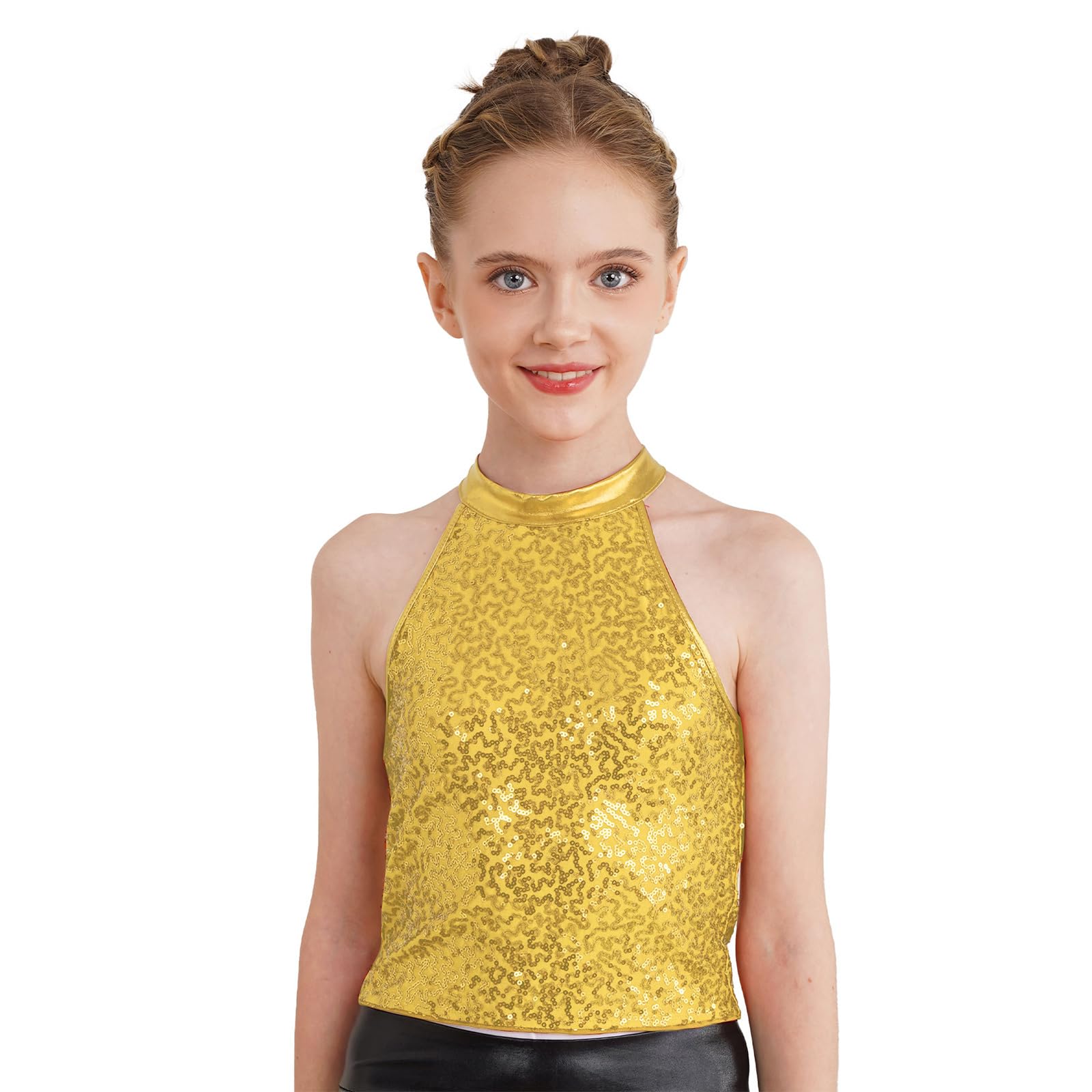 JanJean Girls Kids Shiny Metallic Cutout Back Jazz Hip Hop Dance Tank Top Halter Neck Tees Ballroom Costume Gold 12 Years