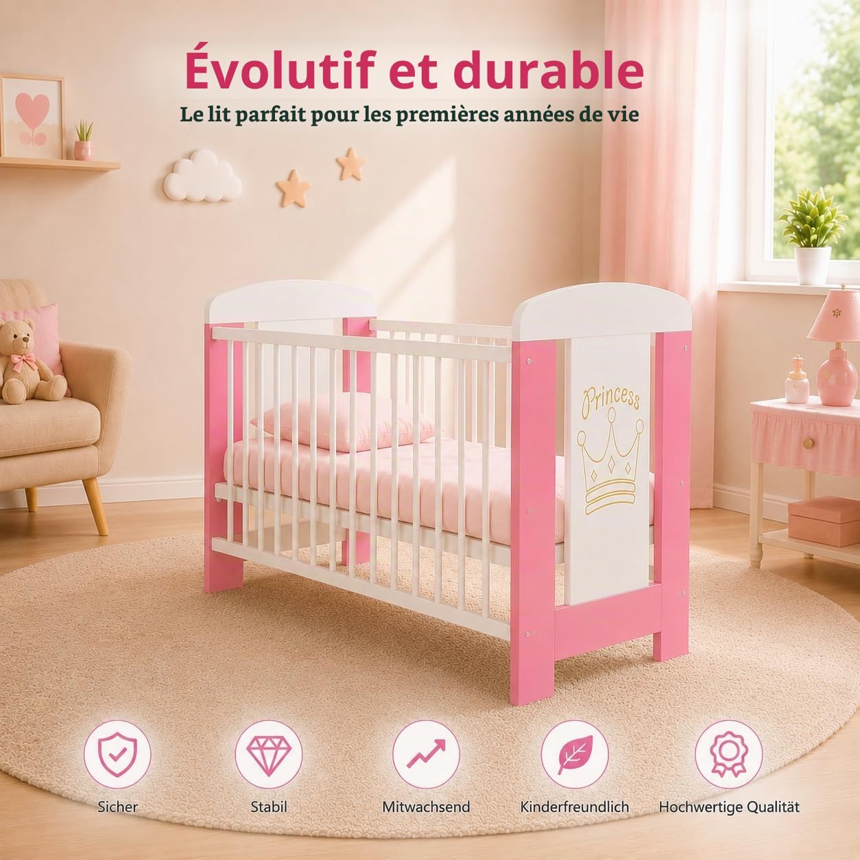 Lit bébé My Sweet Baby en 3 Couleurs sans Matelas Mousse 10 cm certifié lit bébé Blanc 4 Parties 120x60 (Pink Princess sans Matelas)