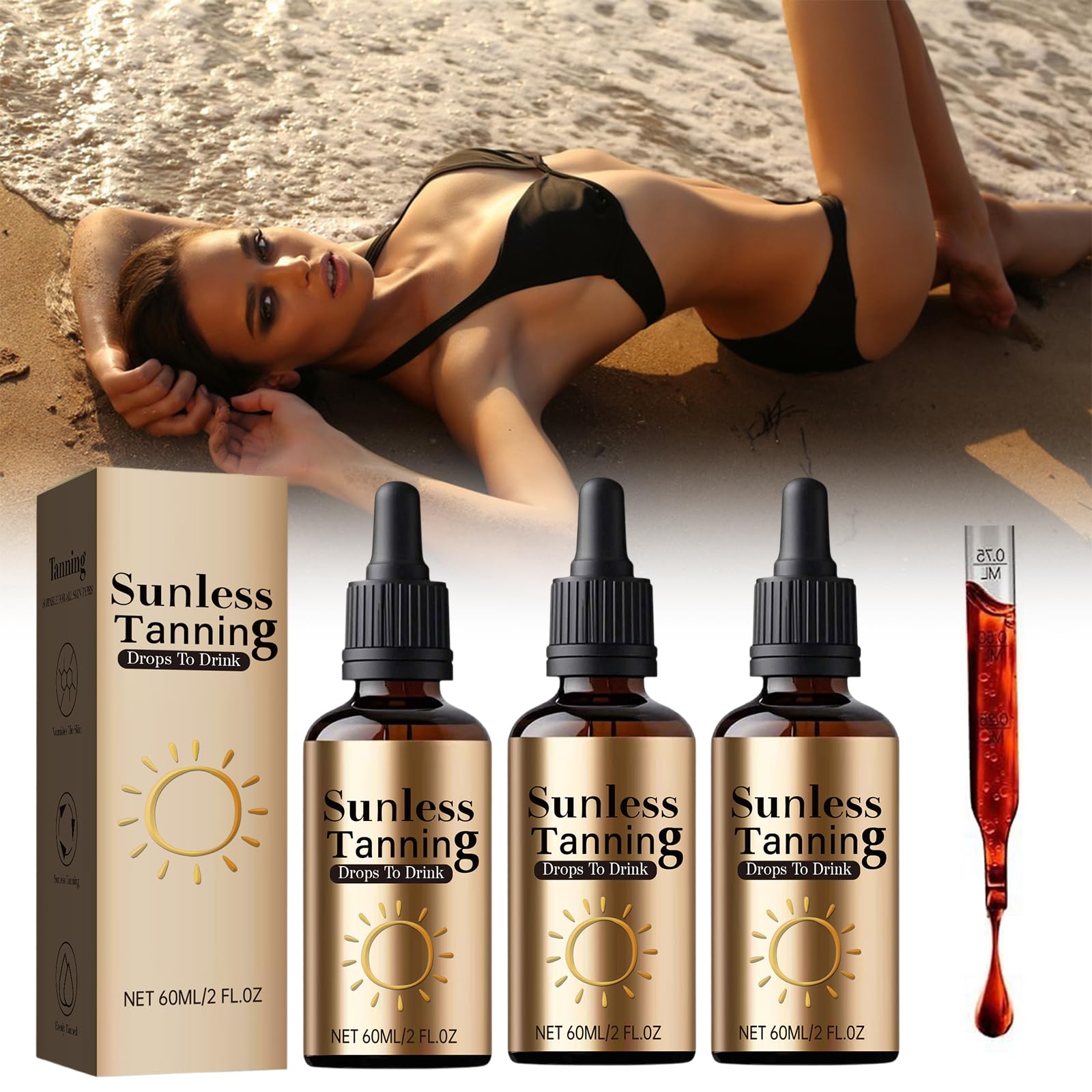 Gouttes Autobronzantes A Boire,Sunless Tanning Drops To Drink,60ml Gouttes Bronzantes Sans Soleil,Santé Et Pigmentation De La Pea, Rapide Bronzage, Tous Types De Peau(3 Pièce) - 1