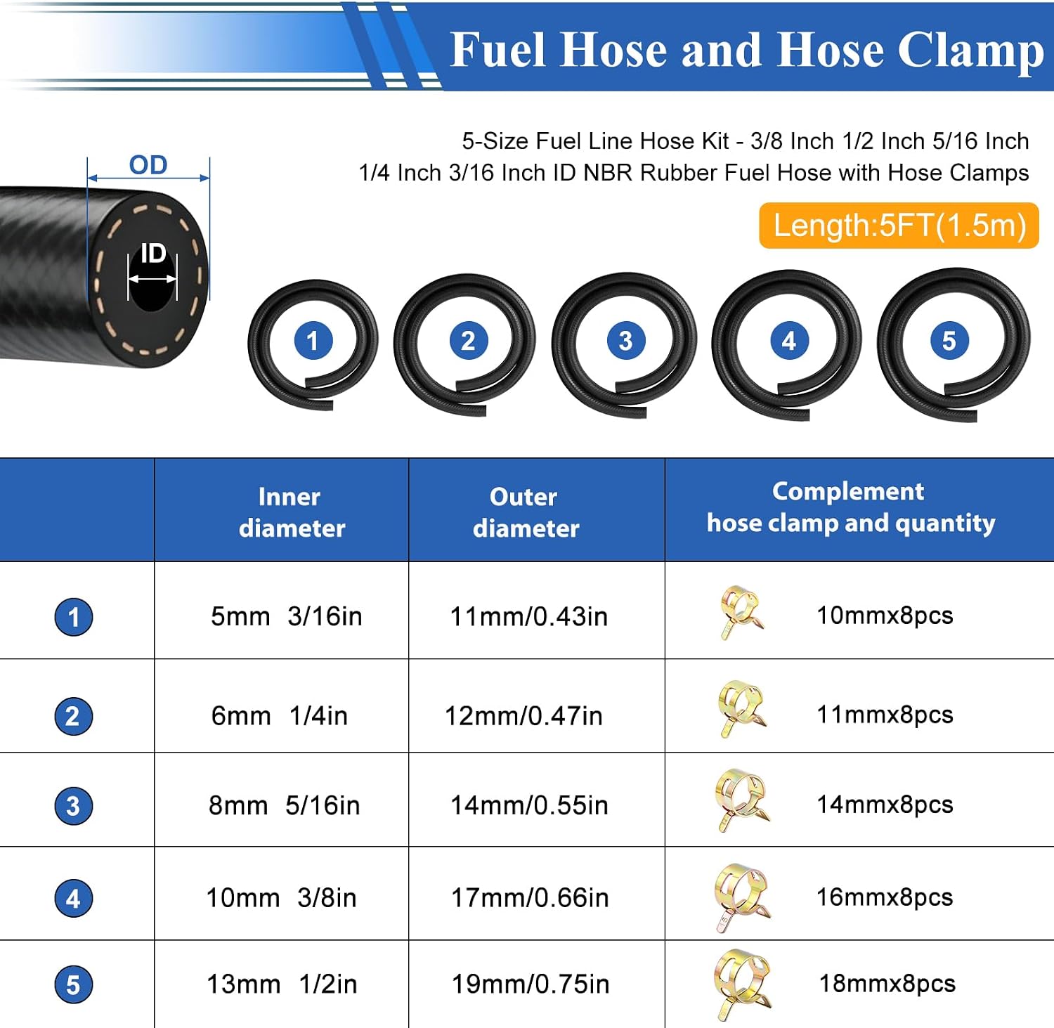 smseace 45Pcs 5Ft 5-Size Fuel Line Hose Kit - 3/8 Inch 1/2 Inch 5/16 Inch 1/4 Inch 3/16 Inch ID NBR Rubber Fuel Hose with Hose Clamps for Small Engines Automotive Replacement Fuel Hoses