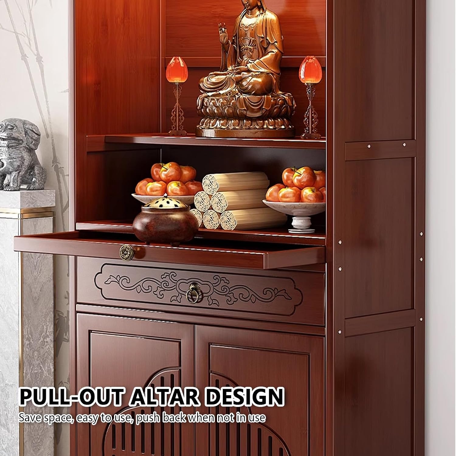 Retro Homes Meditation Shrine with Cabinet, Churches Altar Table with Drawers, Buddhist Altar Decor Standing Cabinet, Temple Table for Buddha Statues,Can Candles,Incense Burners,offerings.