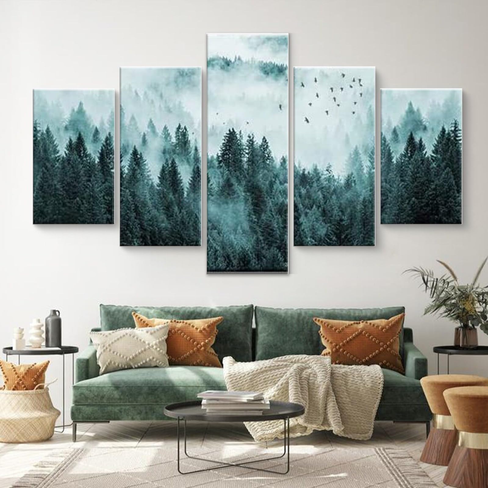 3D Wandaufkleber Kunst Malerei,moderne bilder wohnzimmer mit rahmen,kunstdruck auf leinwand,xxl bilder auf leinwand Bewaldeter Nebelkiefernwald am Berghang,leinwanddrucke 5 stück leinwand 150x80cm