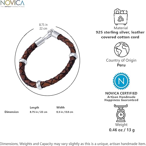 Miniatura 6 de NOVICA - Pulsera de piel marrón y plata de ley 925 Chankas Warrior 83in