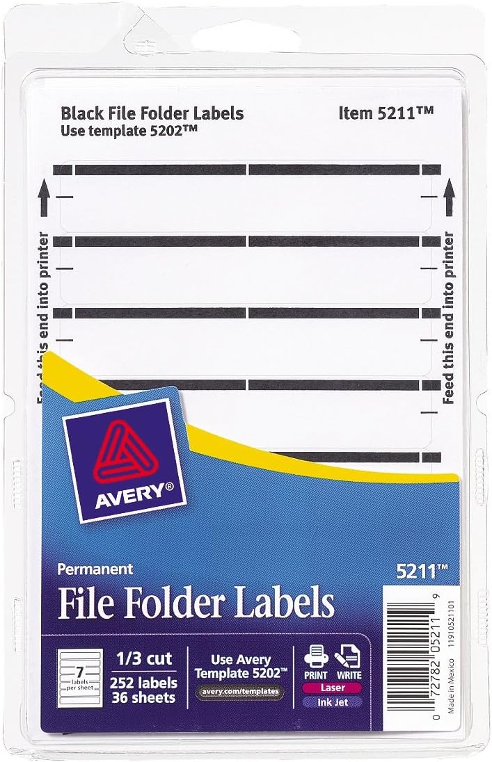 Avery Print or Write File Folder Labels for Laser & Inkjet Printers, 1/3 Cut, Black, 252 Pack (5211)