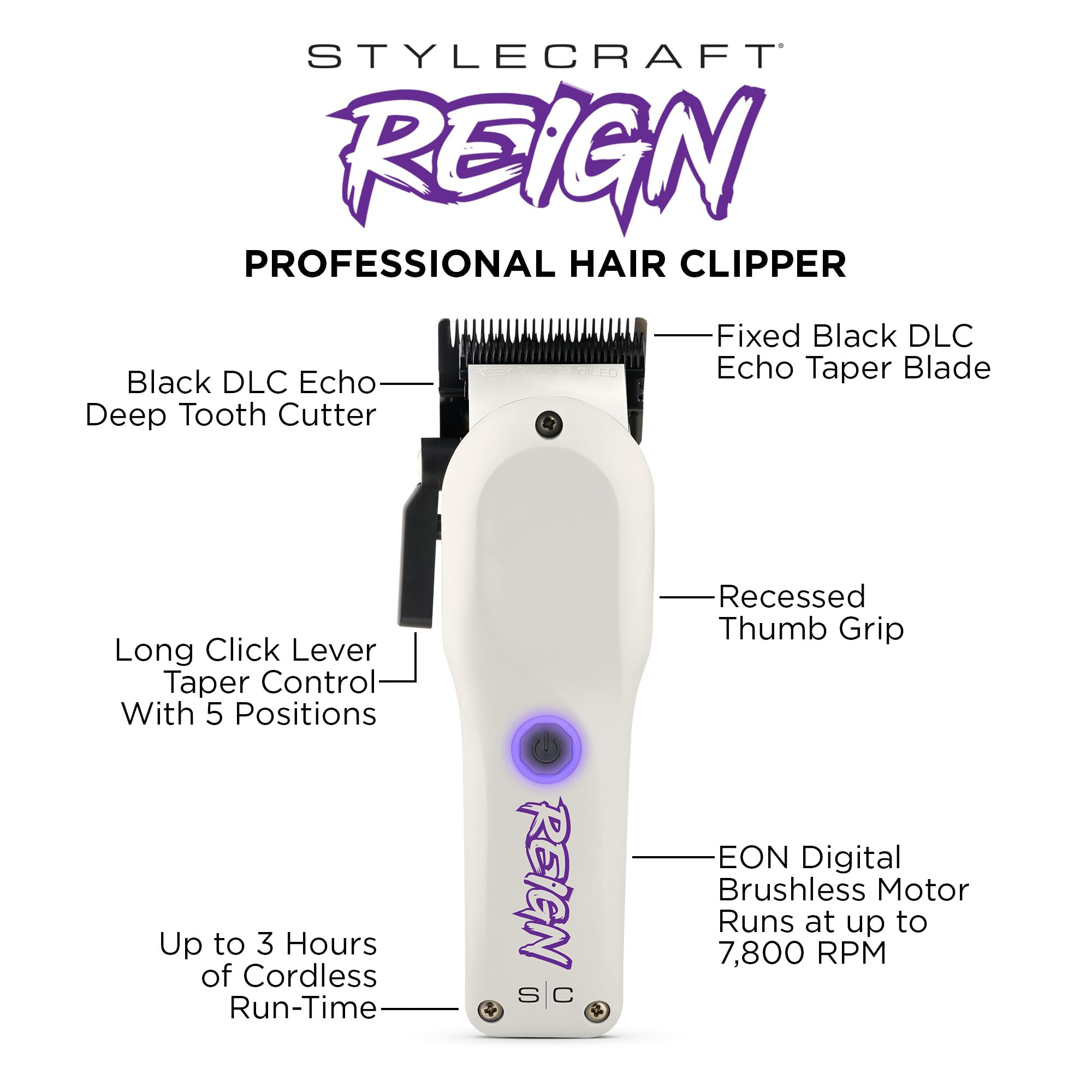 Stylecraft Reign Professional Hair Clipper, Hair Trimmer with Brushless Motor, USB-C Rechargeable, Designed by Barbers for Precision Beard and Hair Grooming