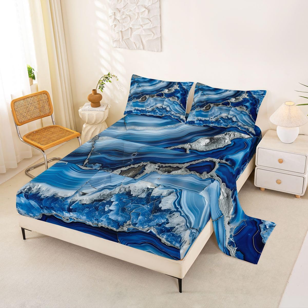 jejeloiu Blue Marble Bed Sheets Set Full Size Abstract Bed Set for Kids Boys Girls Modern Deep Pocket Fitted Sheet Marble Art Painting Breathable Soft Lightweight Microfiber