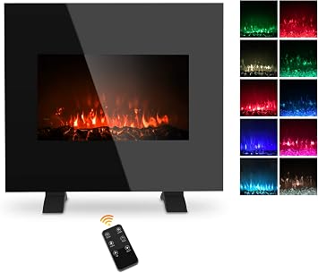 Electric Fireplace Wall Mounted Heater, 1500W Freestanding Fireplace Heater with 10 Colorful Flame Brightness Adjustment, 3D Realistic Flame Effect, Full Screen Glass & Remote Control, 26 Inch