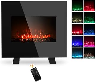 Electric Fireplace Wall Mounted Heater, 1500W Freestanding Fireplace Heater with 10 Colorful Flame Brightness Adjustment, 3D Realistic Flame Effect, Full Screen Glass & Remote Control, 26 Inch