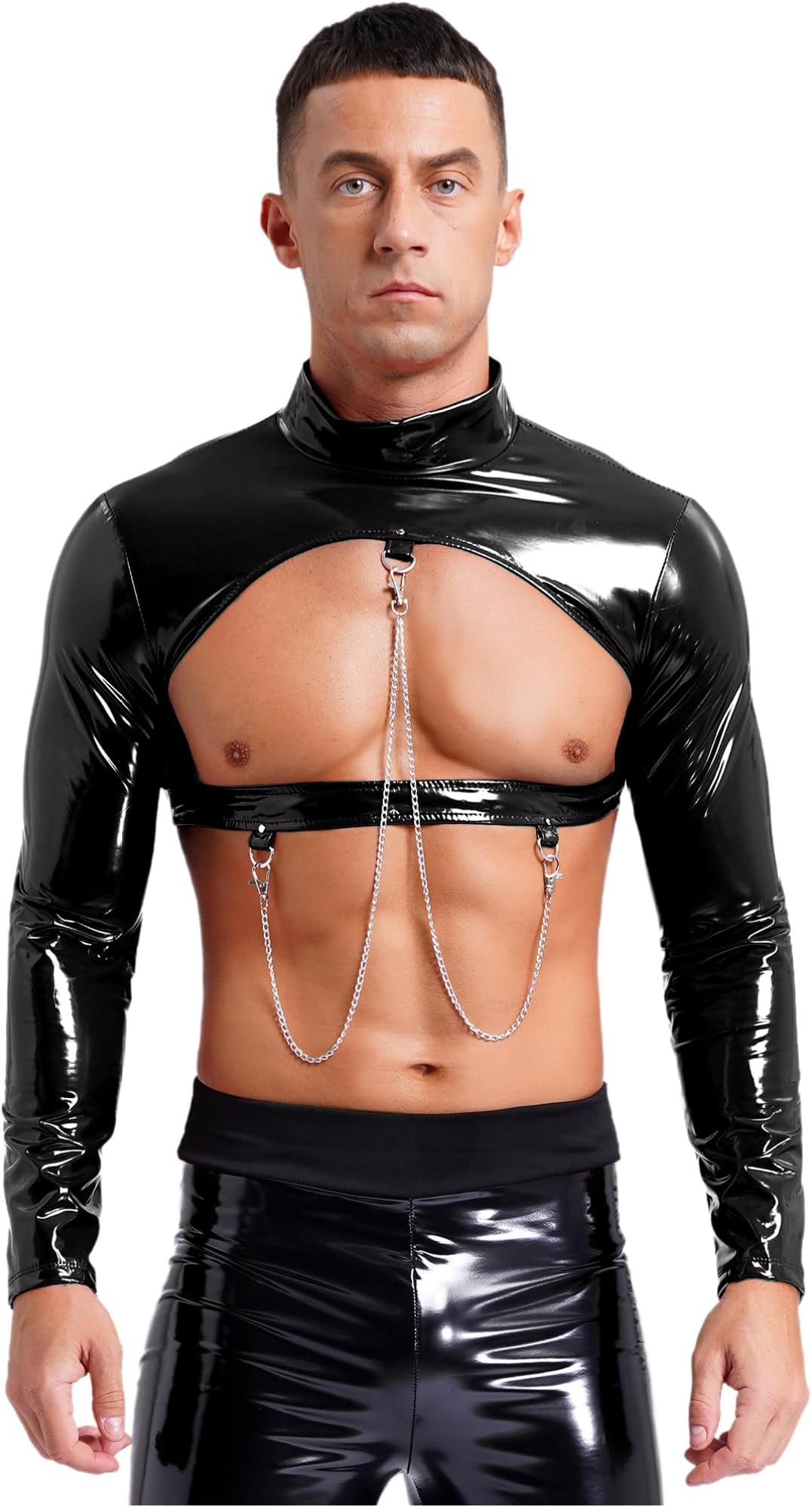 winyingMans Shiny Leather Long Arm Sleeves Open Front Zipper Shrug Half Top Hip Hop Nightclub