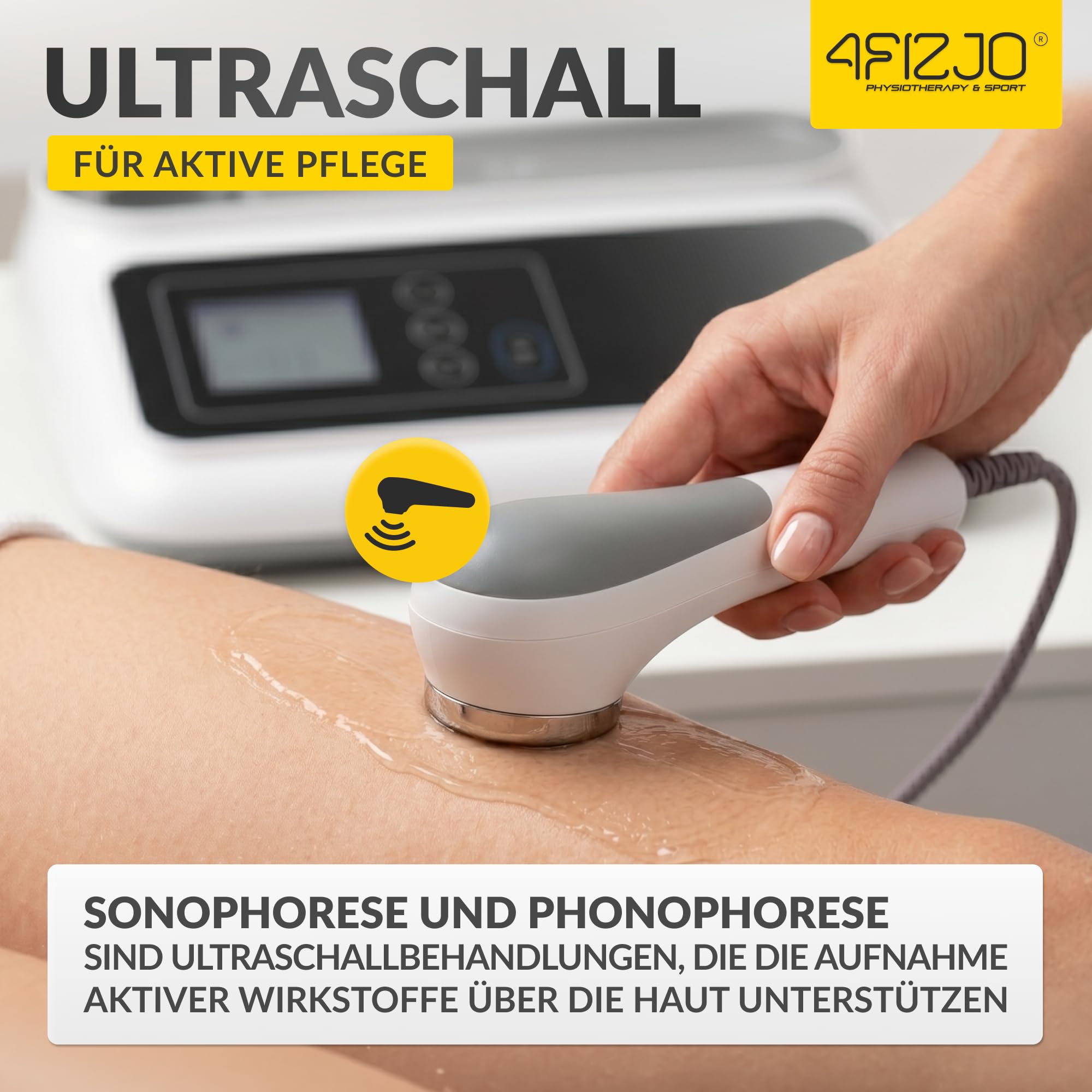 4FIZJO Tragbares Ultraschallgerät, Ultraschall Handgerät Schallwellengerät | für Zuhause, Physiotherapie, Wärmende Mikromassage, Körper, Gesicht und Hautpflege