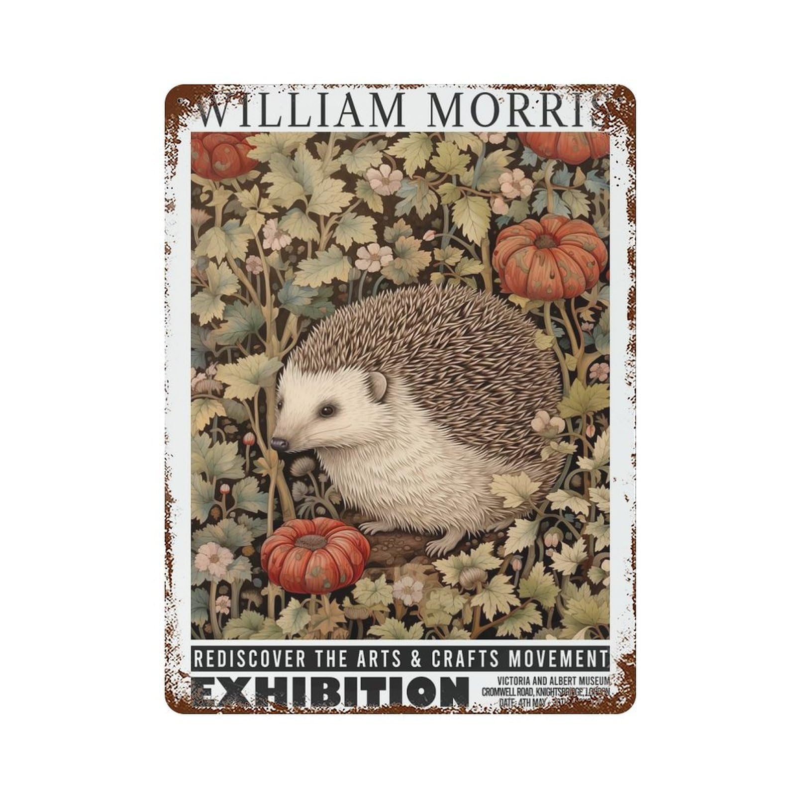 Vintage Rust Metal Sign with Morris Hedgehog Botanical Exhibition Design 15.7"x11.8", for Office, Studio And Wall Decor, Farmhouse Wall Decor