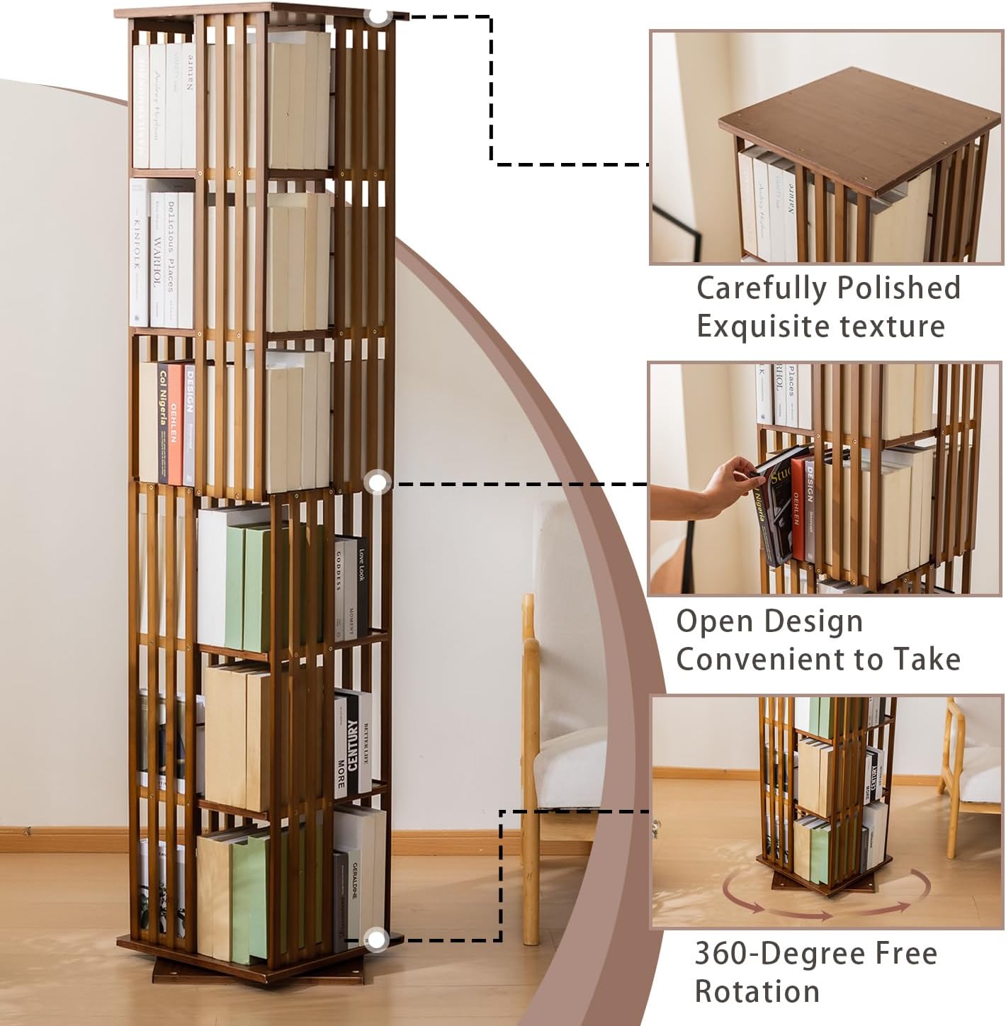 latifolia 6 Tier Rotating Bookshelf Tower, 360° Spinning Bamboo Bookcase, Coner Bookshelf for Office, Living Room, Narrow Space(Walnut)