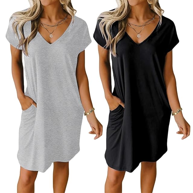 Ekouaer Womens 2 Pack Nightgown V Neck Sleepshirt Short Sleeve Nightshirt Plain Floral Pajama Dress with Pockets