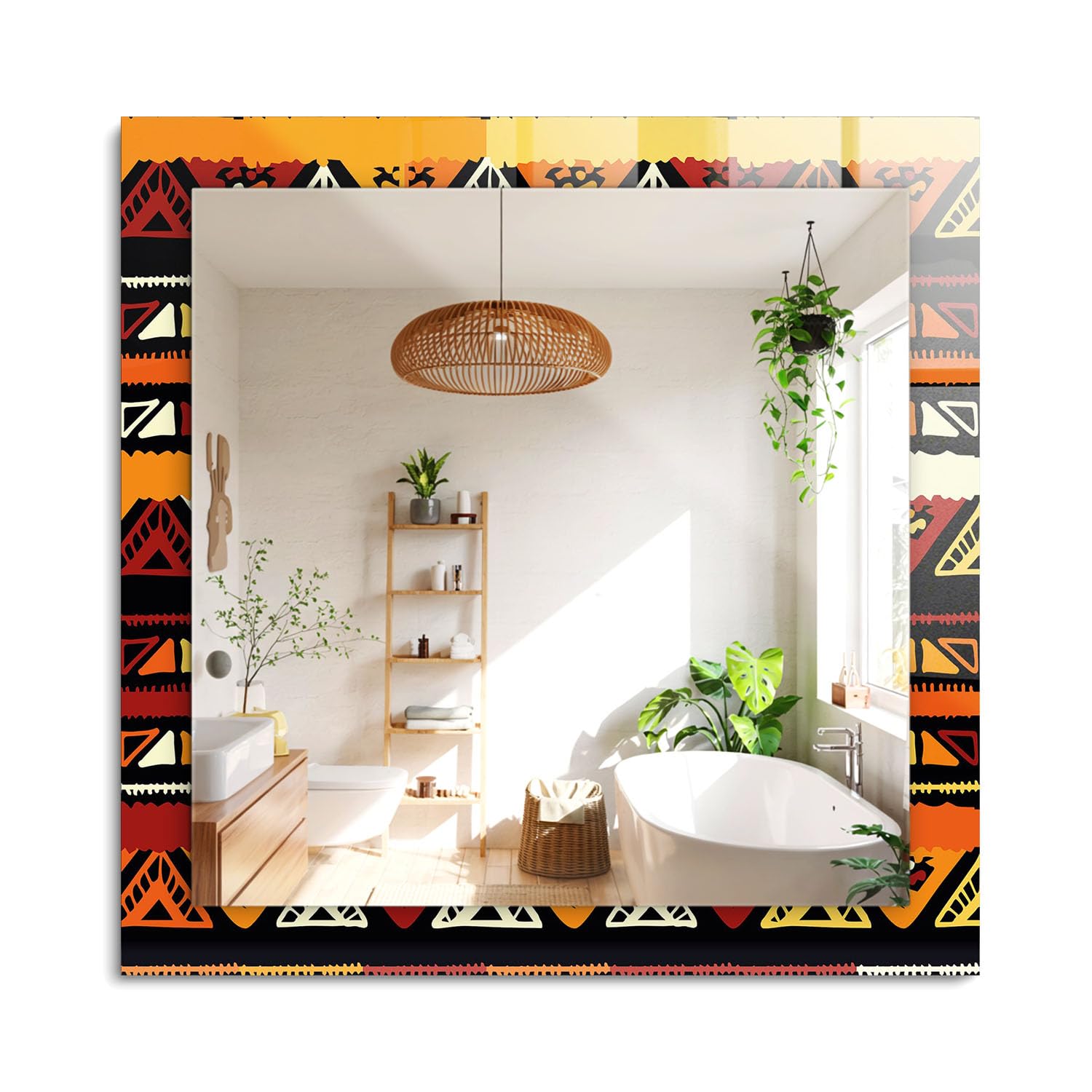 Miroir rectangulaire 60x60cm cadre ethnique coloré style boho et japandi