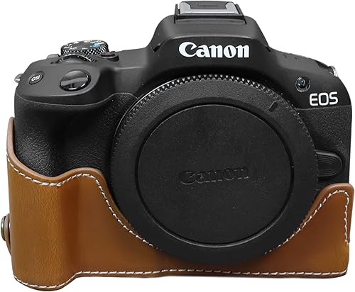 Miniatura 6 de Apertura inferior PU cuero Grip media cámara caso para Canon EOS R50 cámara con trípode diseño negro