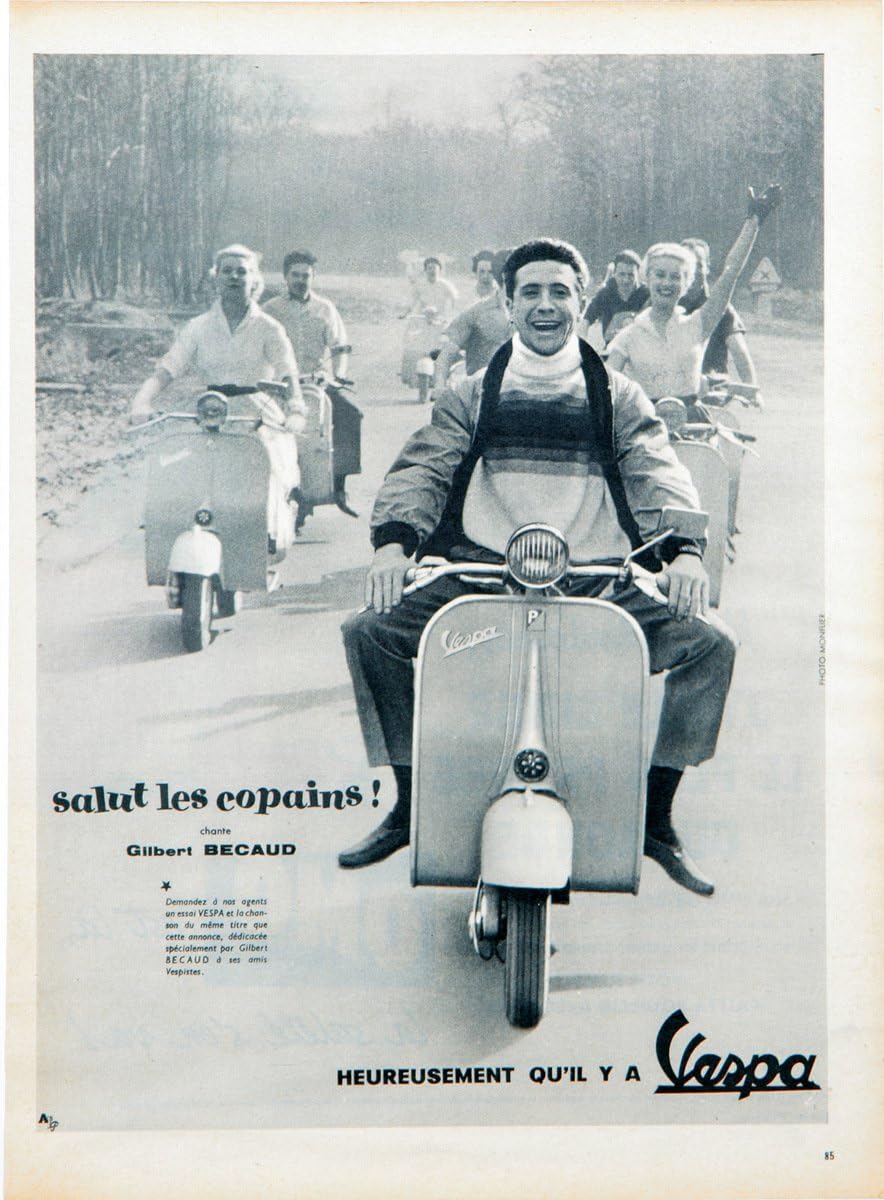 Historic Pictoric Vespa Gilbert Becaud Motorbike 1957-24in x 18in Vintage French Poster Print
