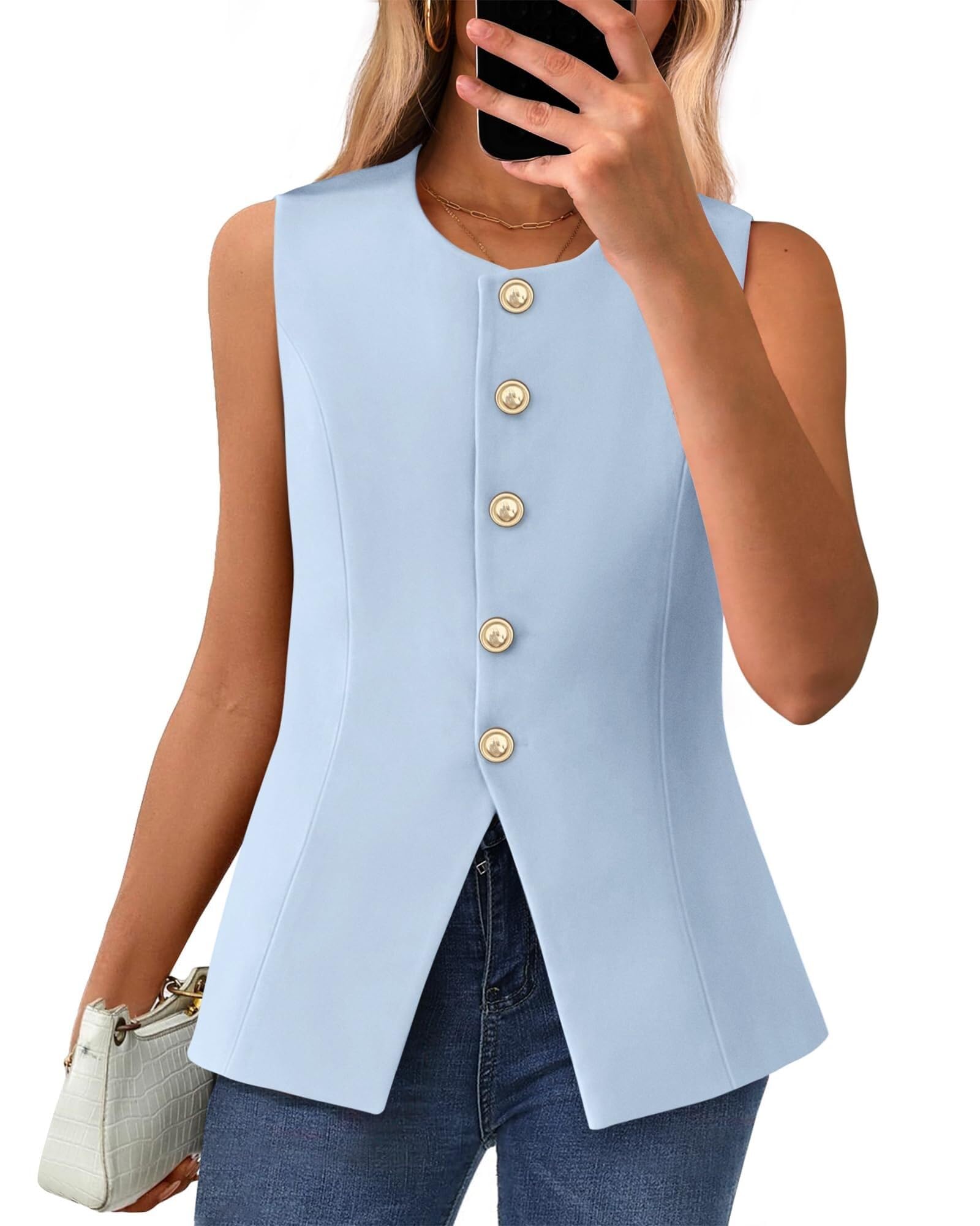 Sleeveless Blazer Vest For Women Dressy Button Down Round Neck Business Casual Outfits Work Suit Vests Tops