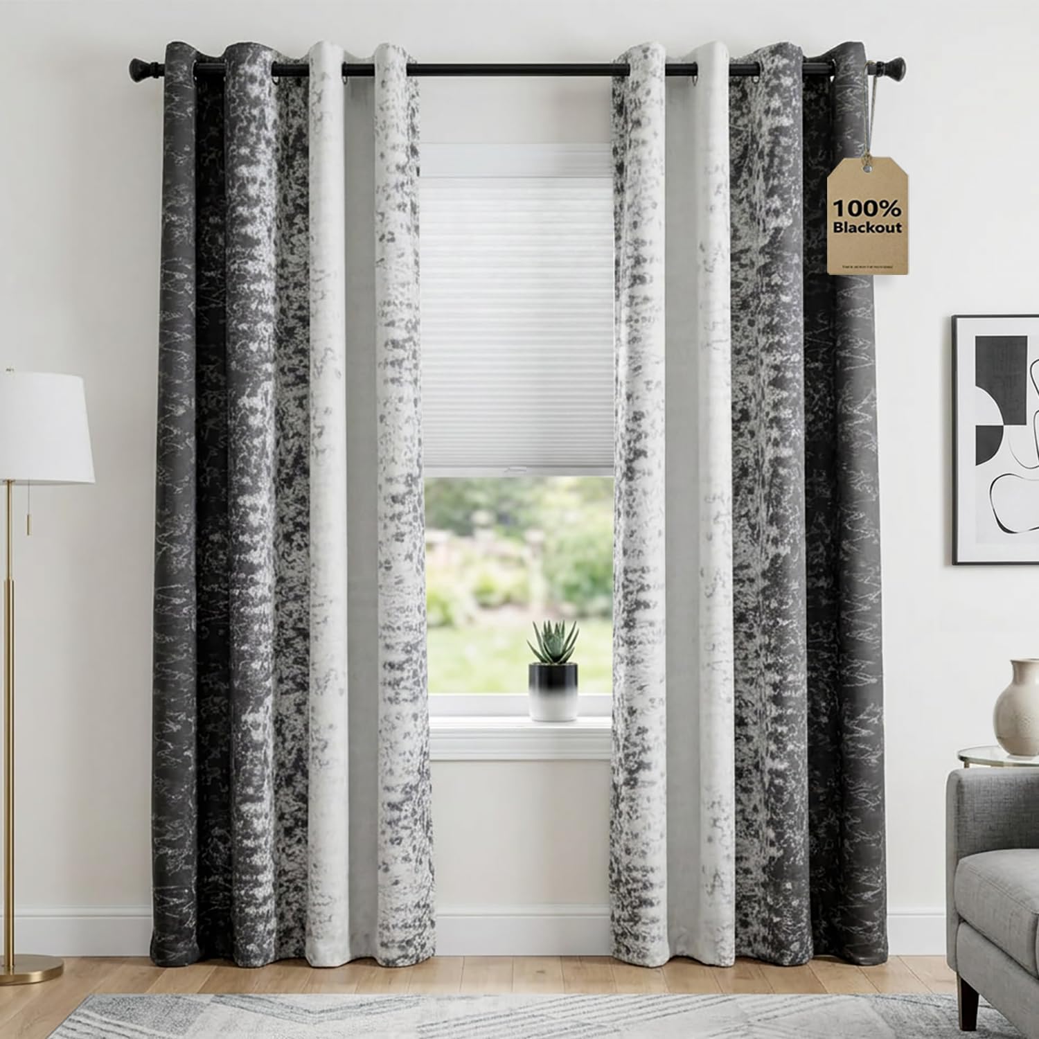 Black and Greyish White Ombre Blackout Curtains 84 Inches Long for Bedroom