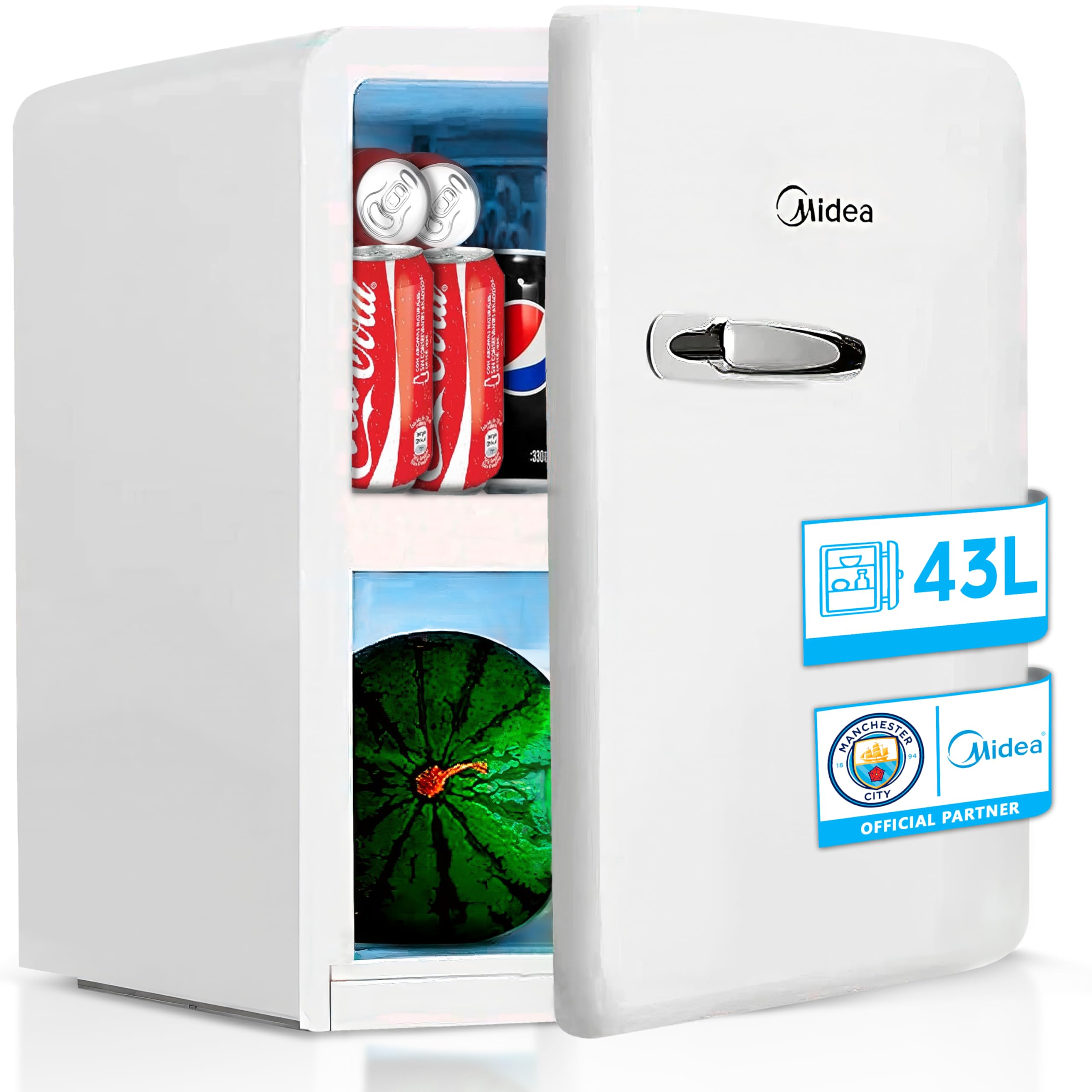 MIDEA Nevera pequeña 43L bajo consumo sin congelador - Mini bar frigorífico pequeño retro vintage para la habitación / caravana /camping - Mini nevera blanca silenciosa 39 dB