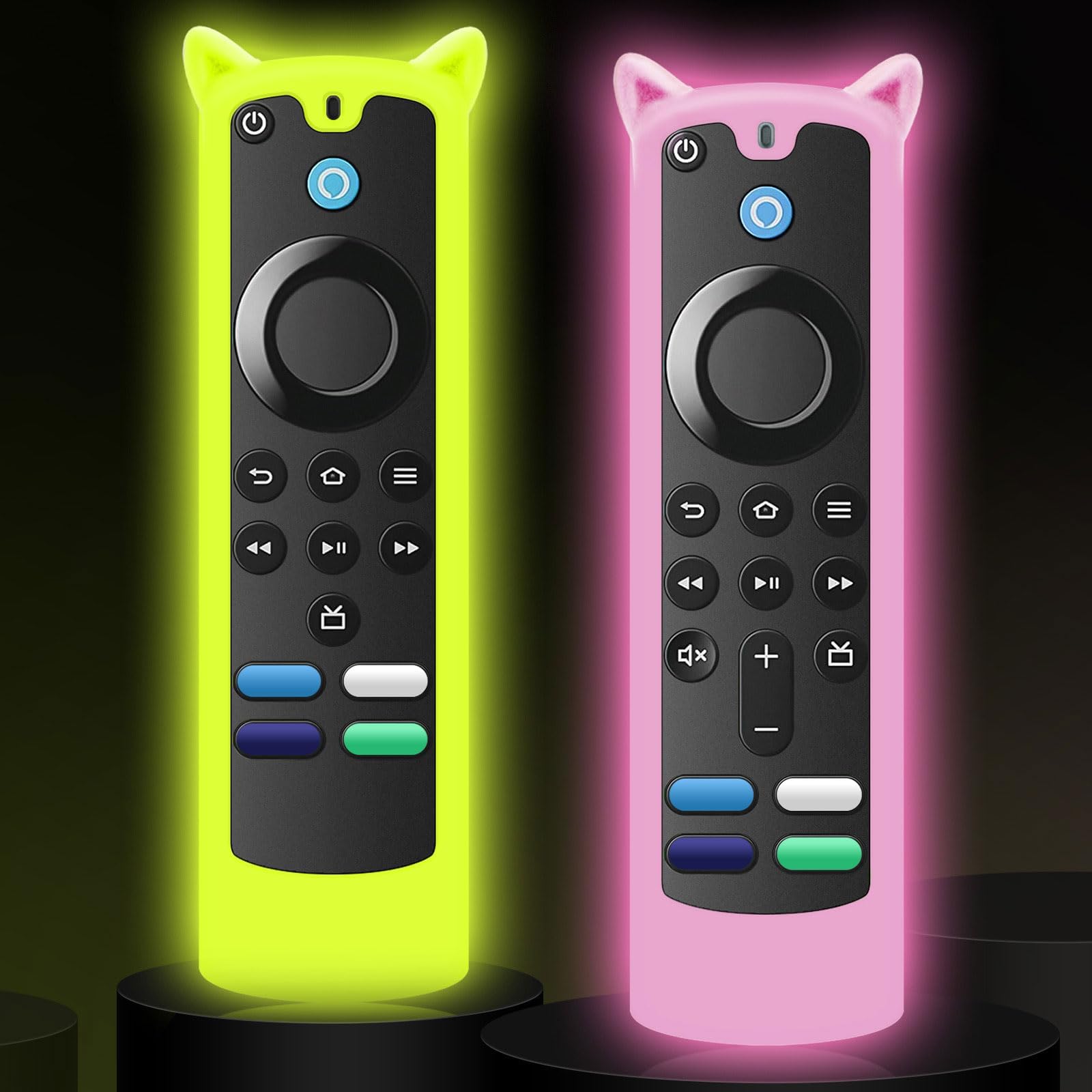 Paquete de 2 fundas de silicona para control remoto que brillan en la oscuridad, funda protectora de silicona antideslizante con cordón, amarillo y rosa