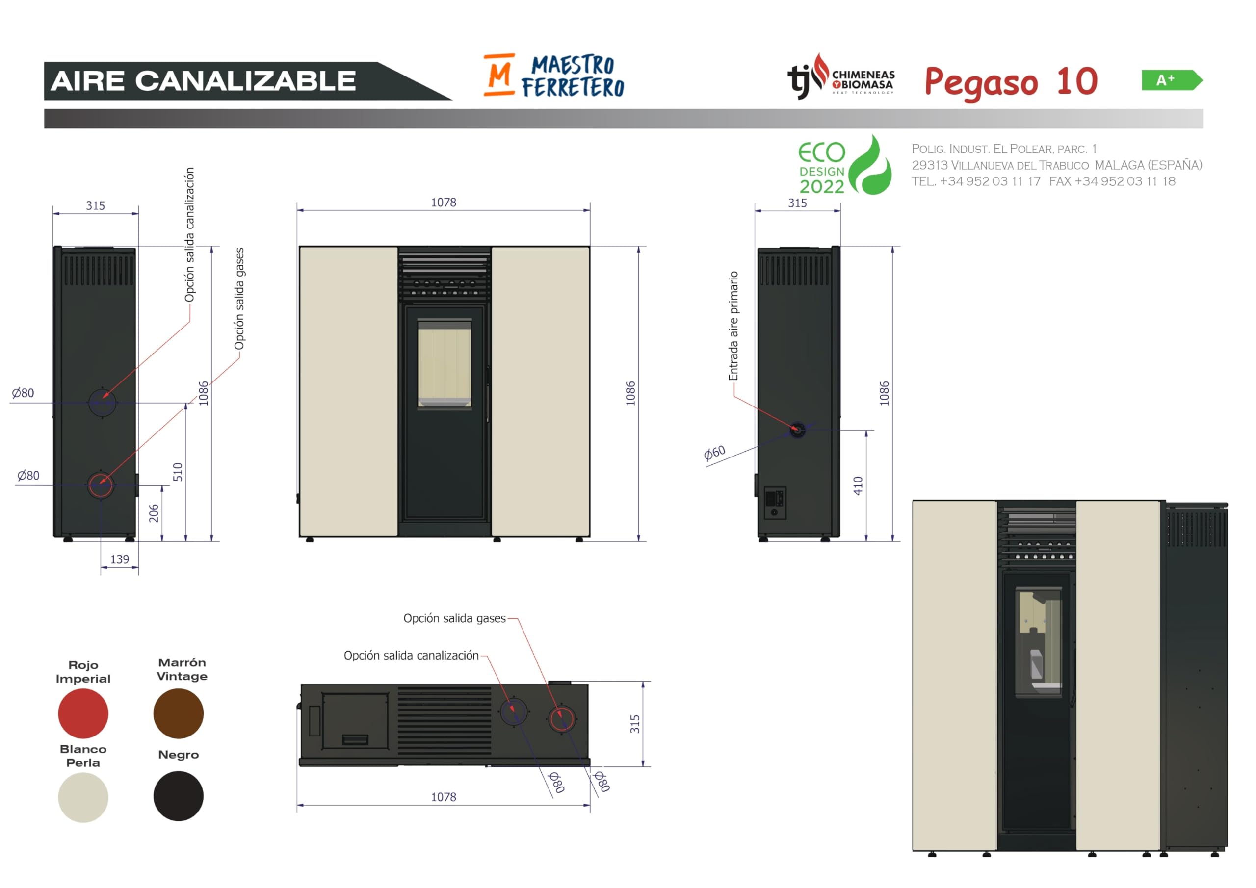 TJ - Estufa de Pellets Canalizable de Pasillo Modelo Pegaso (BLANCO, 10 kW)