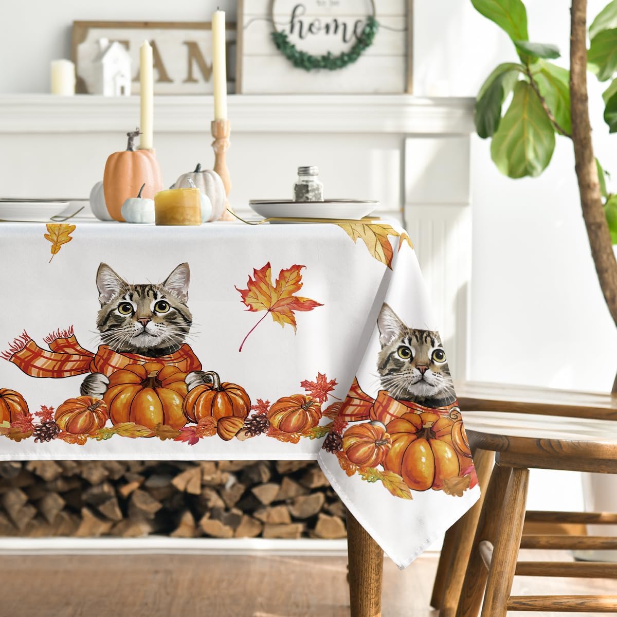 Artoid Mode Cats Maple Leaves Scarves Pumpkins Autumn Table Cloth, Rectangular 140x110 cm Fall Table Cover For Party Home Table Decorations