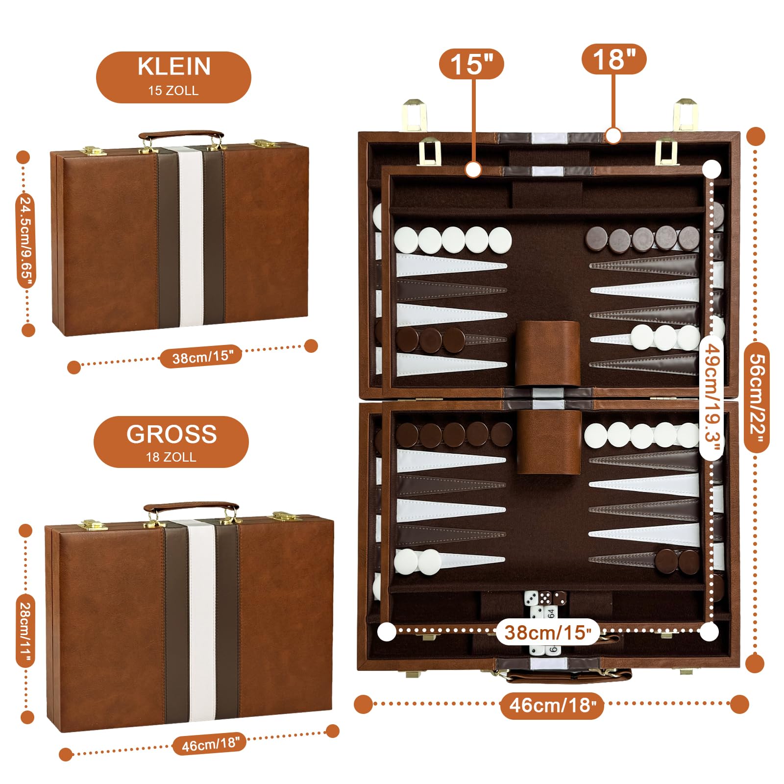 Backgammon Set, 15" Klassisches Backgammon Koffer, 2 Spieler Brettspiel Tragbares Reise Strategie Spiel Set für Erwachsene Kinder (15 Zoll, Braun)