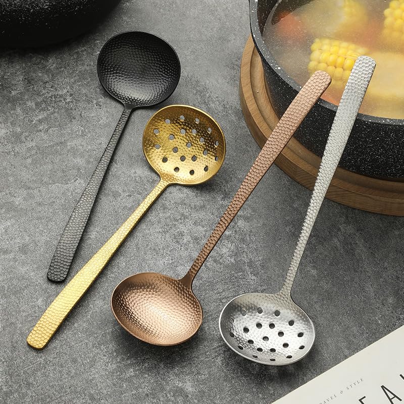 ONUIFIKE Silverware Set, 1/4/6/8/10/12 Pieces Hammer Pattern Household Hot Pot Colander Hammer Pattern Thickened 304 Stainless Steel Spoon Household Short Soup Colander, Home Cutlery Flatware Set(Gol