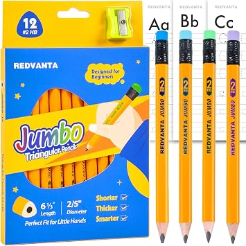 Pre-Sharpened Jumbo Pencils #2, Back to School Supplies, 12 Count | Thick Pencils #2 HB for Toddlers Preschoolers Kindergarten, Latex-Free Eraser, First Writing, Triangular, Break-Resistant