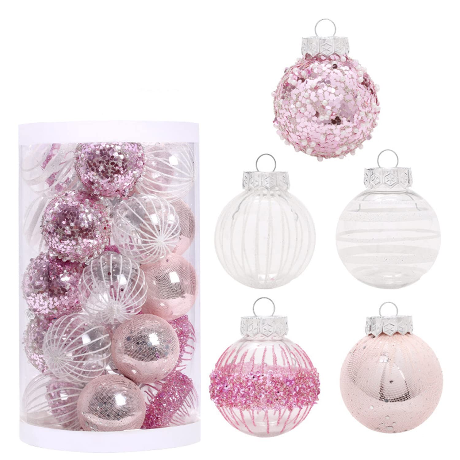 QQY Christmas Tree Ornaments Set, 6cm 25 Pcs Shatterproof Christmas Ball Ornaments Holiday Wedding Party Decoration (Pink)