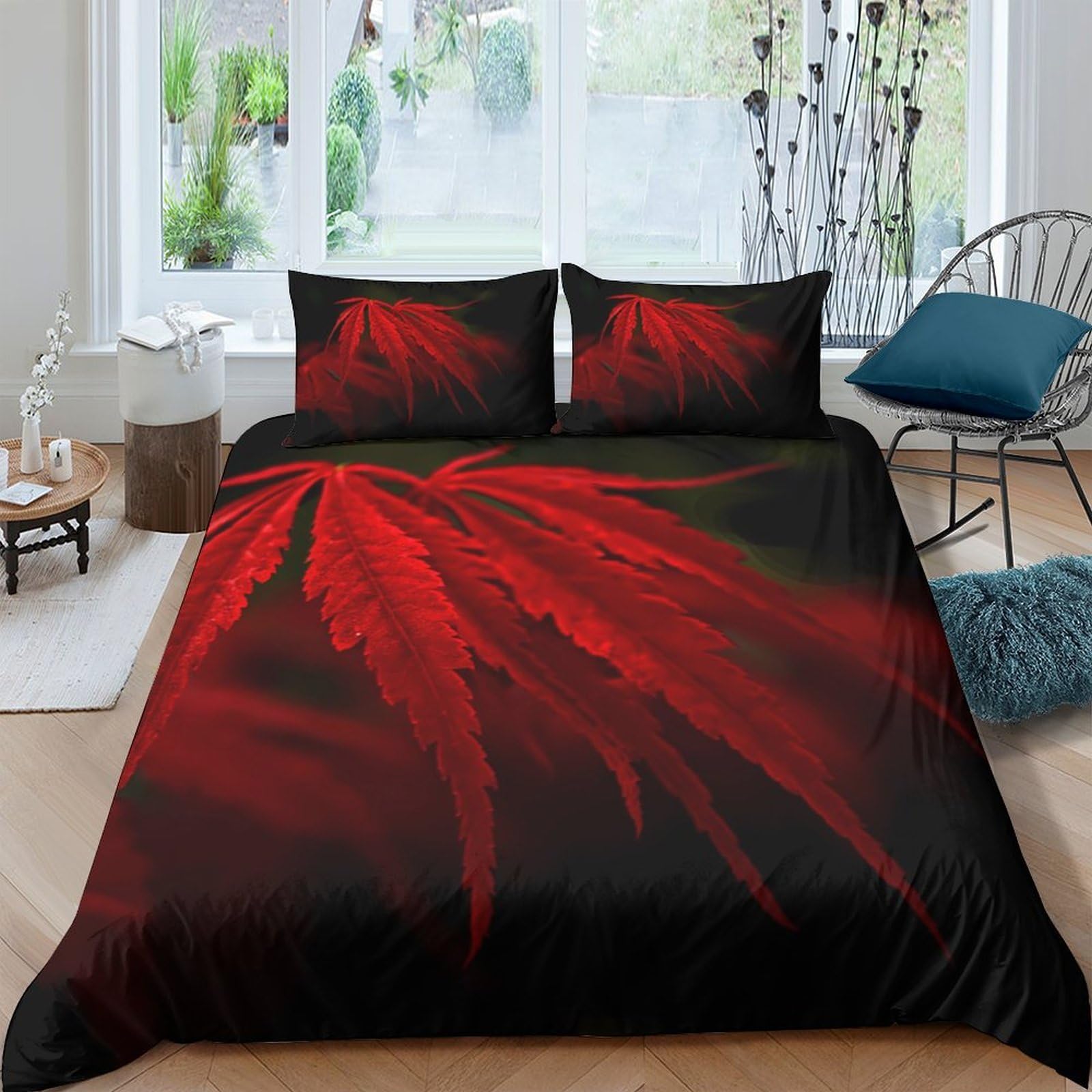 Ctjqhvkz Style-9 3D Printed Red Maple Leaf Fitted Sheet Microfiber Soft Decorative Black Bed Cover For Bedroom Dorm Mattress Protection Single（135X200cm）