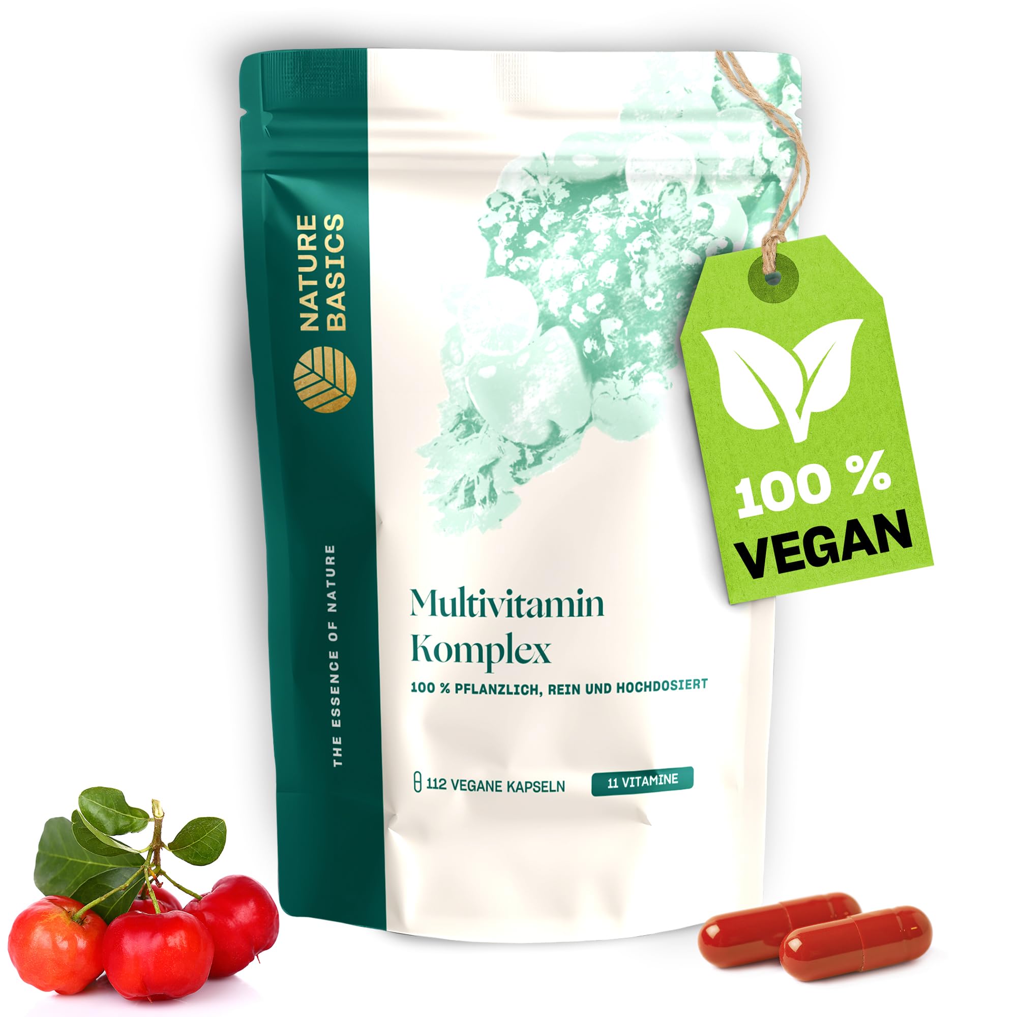 Nature Basics Multivitamin Komplex - 112 Multivitamin Kapseln hochdosiert - Rundum-Versorgung mit nur 1 Kapsel pro Tag - Vegan und ohne unnötige Zusätze - Made in Germany