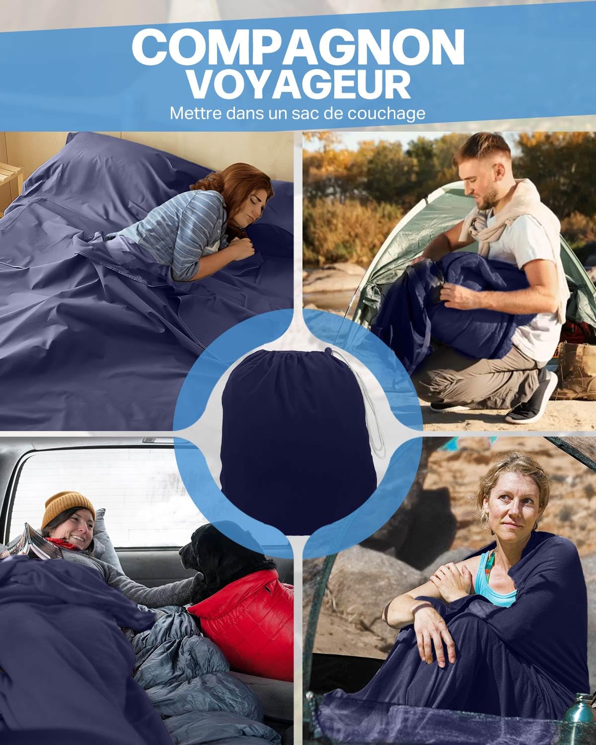 Drap de Sac de Couchage Double Avec Compartiment pour Oreiller, Microfibres Ultraléger, Séchage Rapide, Compact de Voyage 220 * 180CM, Bleu