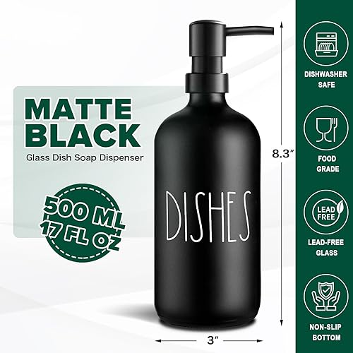 Miniatura 8 de Dispensador de jabón para platos, dispensador de jabón negro mate para cocina, dispensador de jabón de platos de vidrio con bomba de plástico,