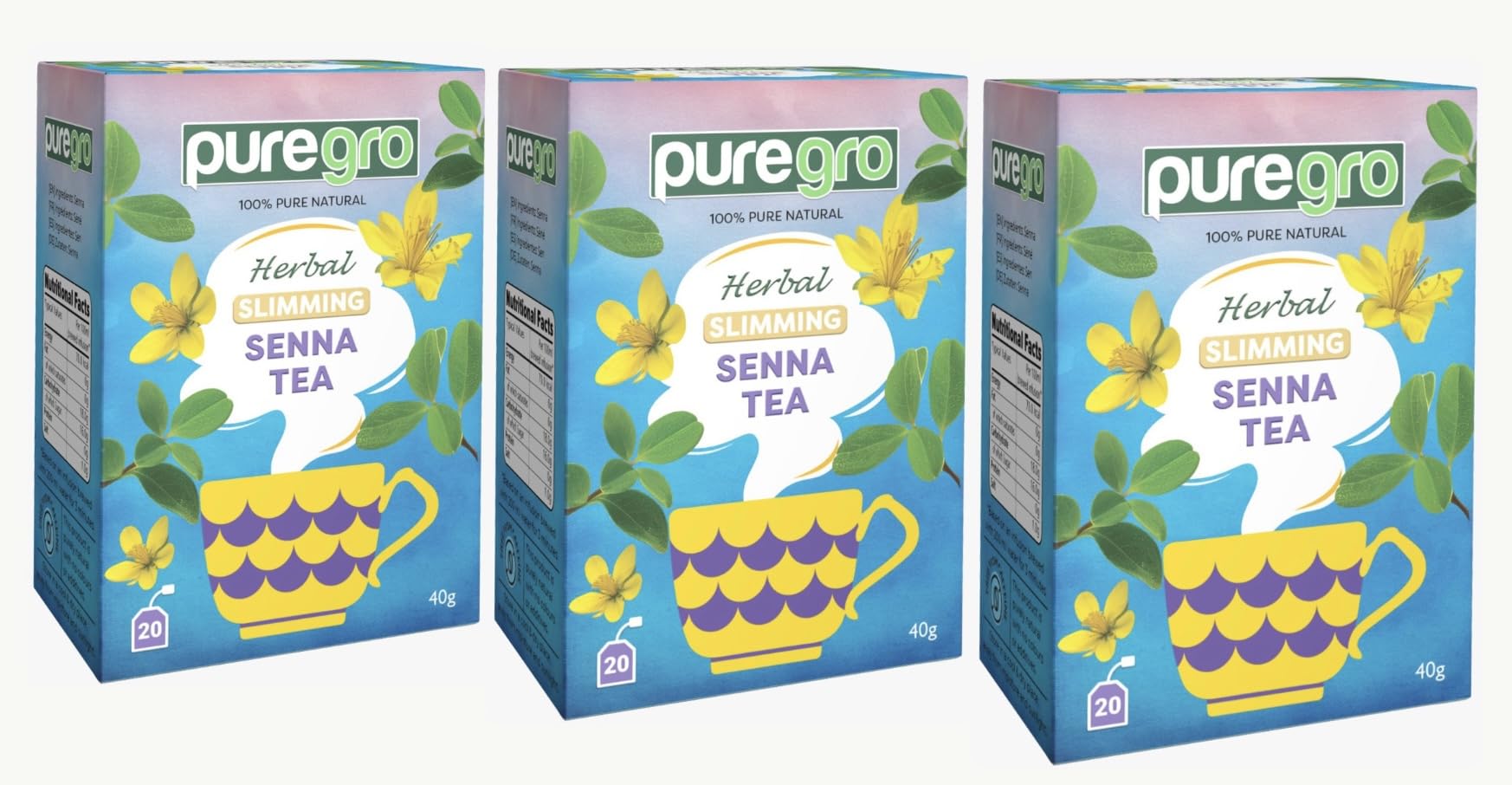 Puregro Herbal Slimming Senna Tea (20 Tea Bag) 40g| Pack of 3 | 100% Pure Natural | CAFFEINE FREE.