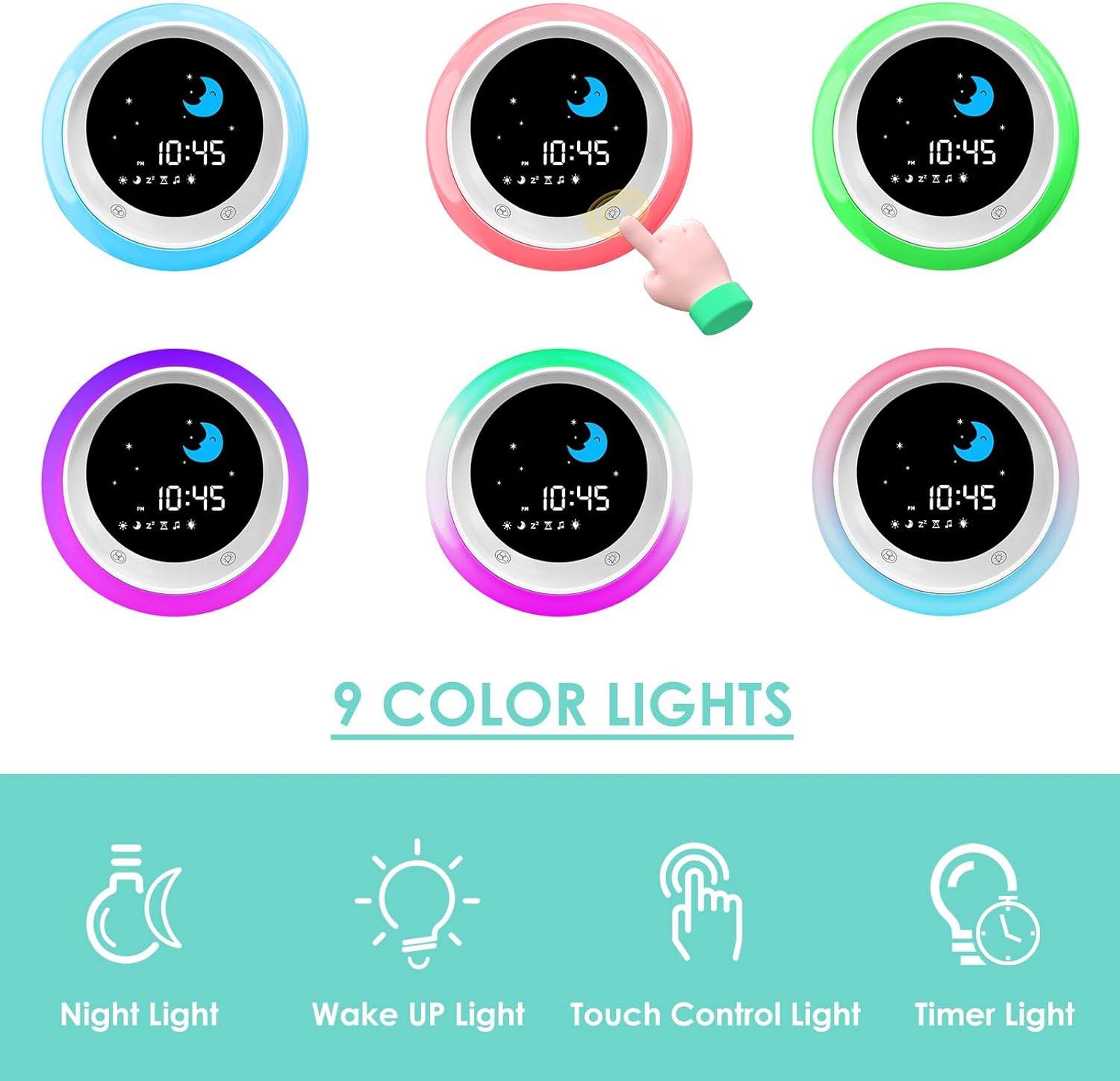 Kids Alarm Clock showing various color light options