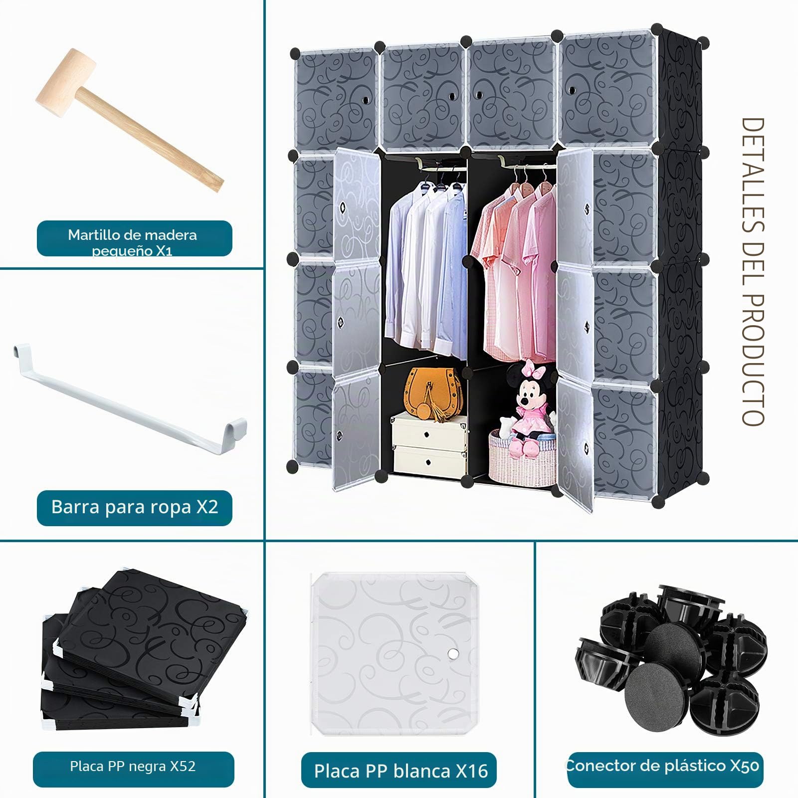 FIVMEN Armario negro con 16 cubos para manualidades, armario de plástico con puerta, sistema de estantería, 140 cm de ancho