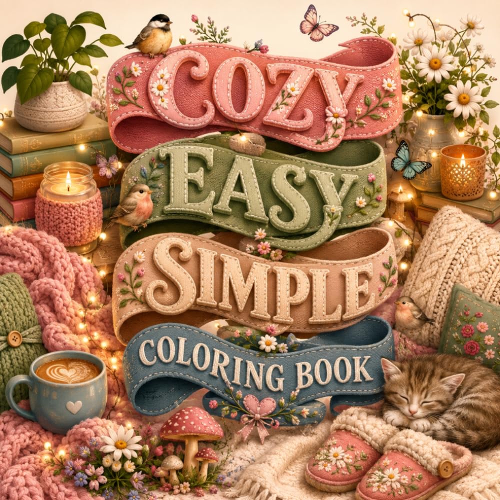 Cozy Easy Simple Coloring Book: Size 8.5*8.5 | Pages 104 | 50 Bold Coloring Pages for Adults and Teens | Cute Everyday Moments, Relaxing Scenes, ... and Creative Fun | Color Test Page Included