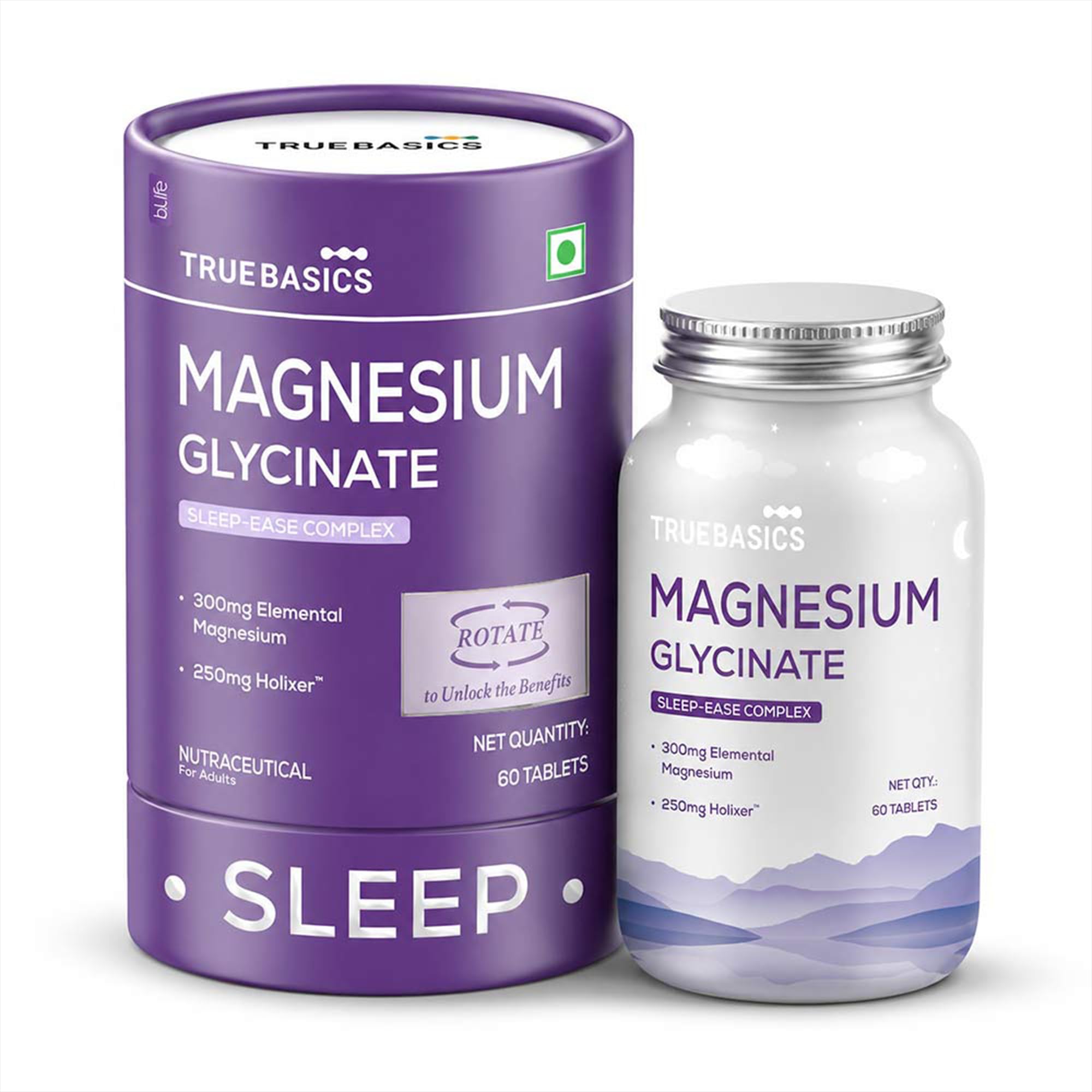 TrueBasics Magnesium Glycinate Sleep-Ease Complex, 60 Tablets | 300mg Elemental Magnesium | Stress Management & Better Sleep Quality-picture-33