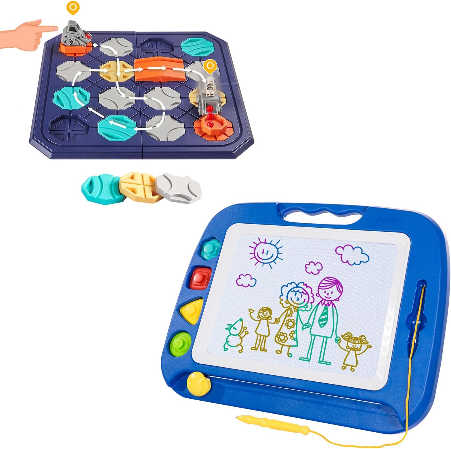 SGILEKids Boys Girls Toys Gifts, Magnetic Drawing Board(Blue) Bundle with Interactive Logical Road Builder Puzzle Board Game(Spaceman)