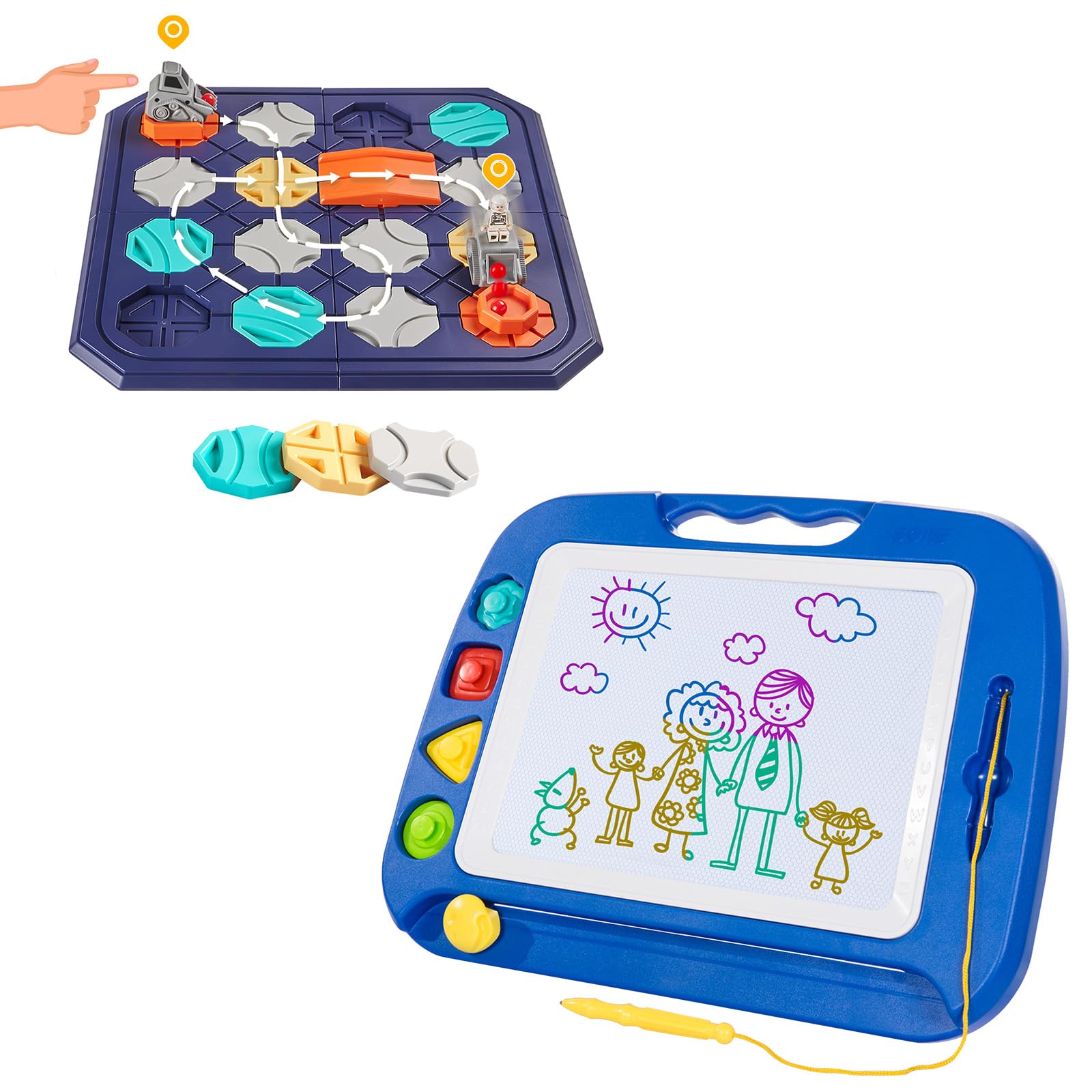 SGILEKids Boys Girls Toys Gifts, Magnetic Drawing Board(Blue) Bundle with Interactive Logical Road Builder Puzzle Board Game(Spaceman)