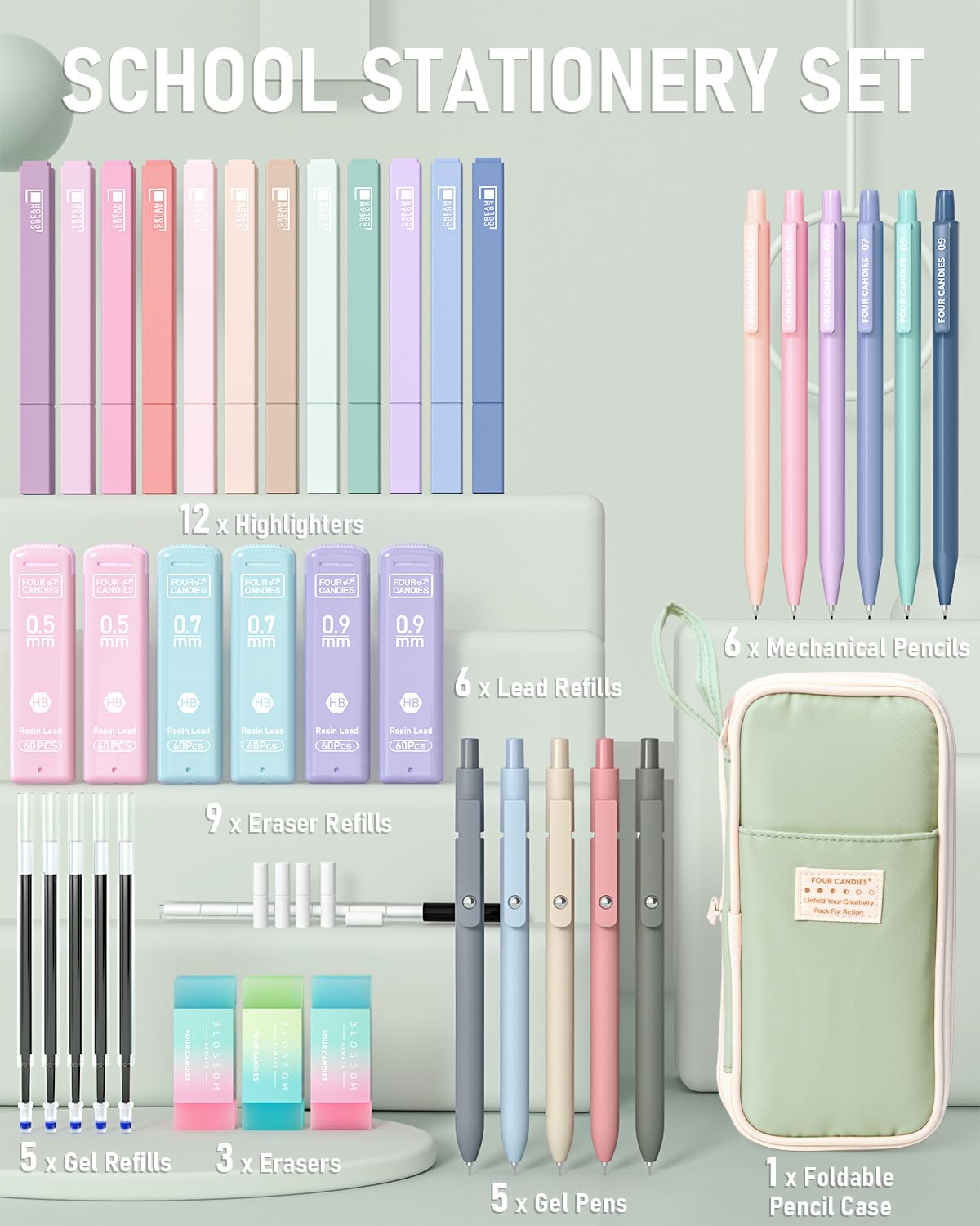 Set Cancelleria Estetica 53 Pezzi Con Astuccio Rosa - Evidenziatori Pastello, Penne Gel, Matite Meccaniche 0,5-2,0 Mm - 2