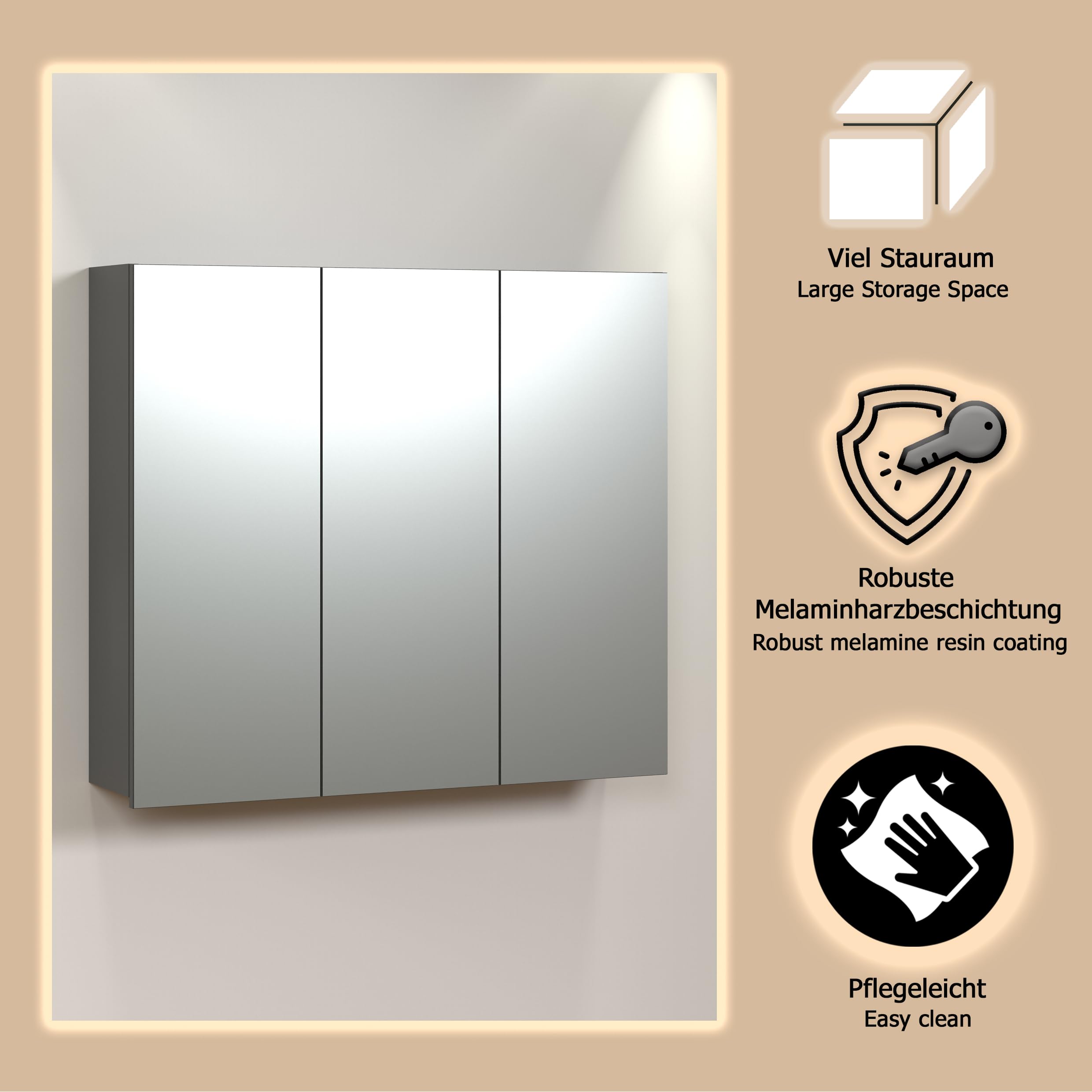 Spiegelschrank PureBliss Anthrazit / Spiegelglas · B 90 x H 80 cm